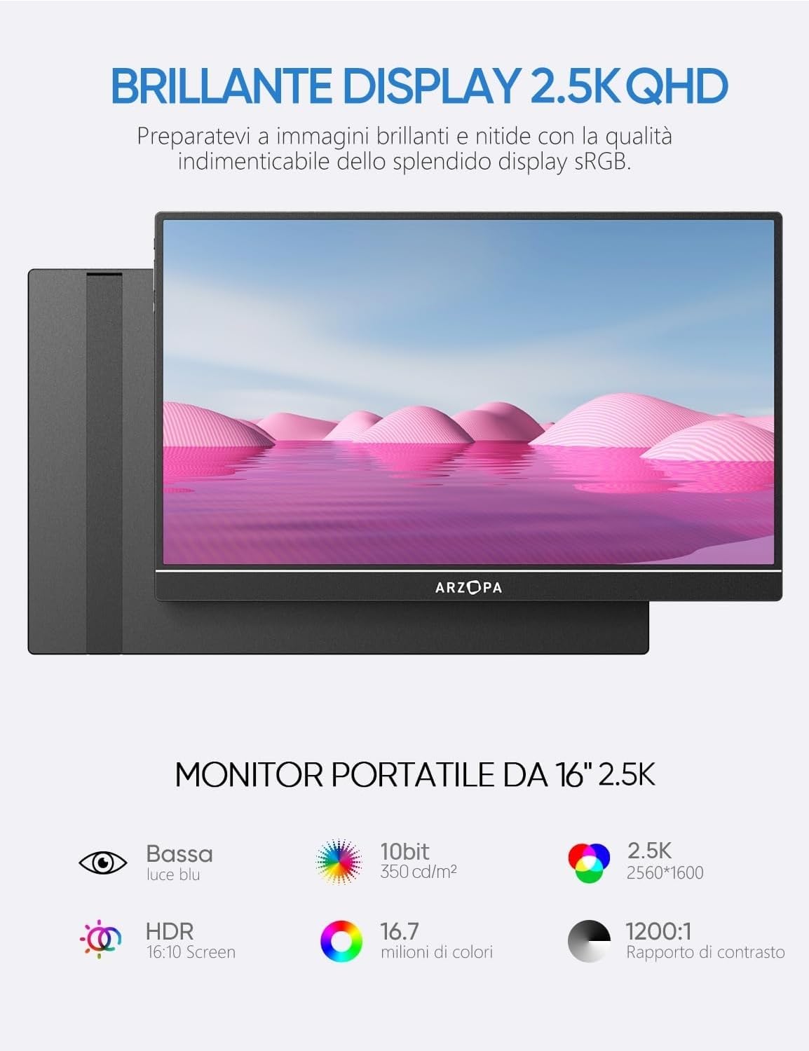 ARZOPA Monitor Portatile 16" 2.5K | Display IPS 123% sRGB 350 Nit 10bit | Schermo Produttività 16:10 per Laptop, Mac, PC, Telefono | USB-C e HDMI - Z1RC