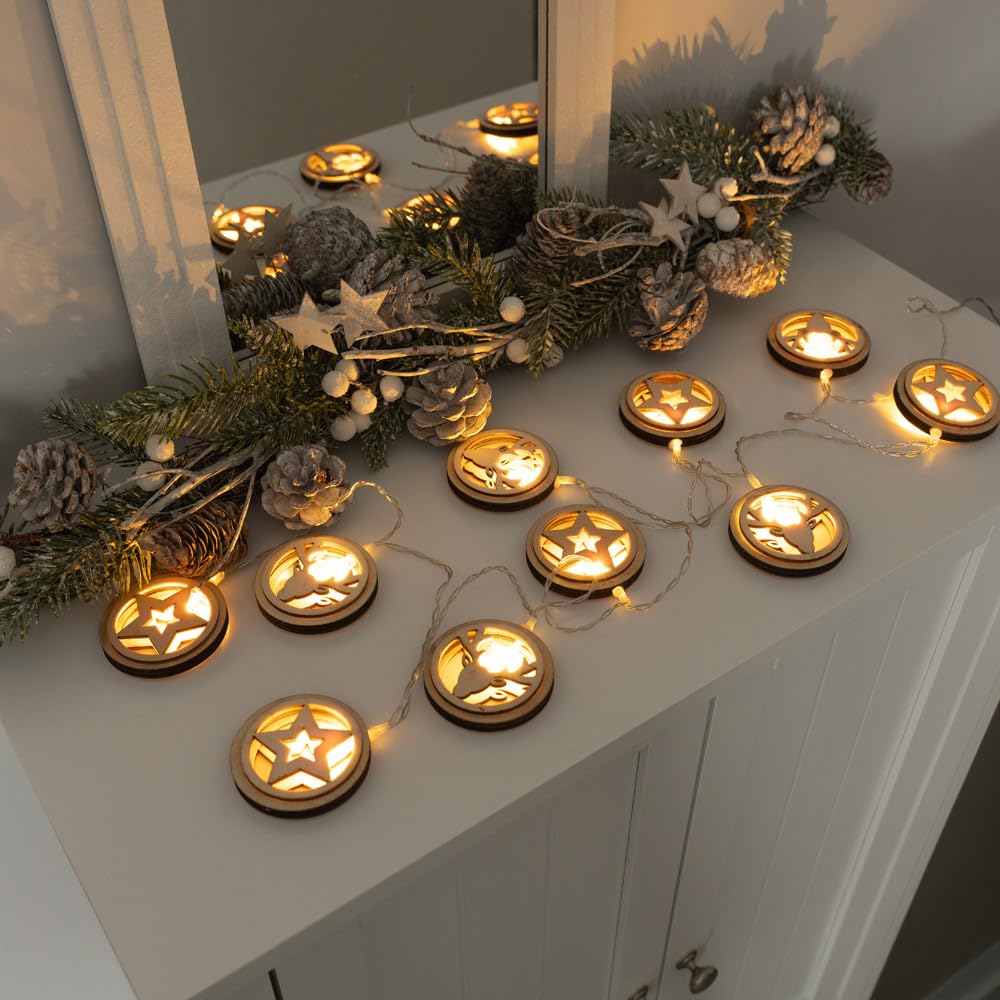 MiniSun | Battery Operated String Lights Wooden Discs Stars & Reindeers | Indoor, Home Décor & Improvement Essential | Pack of 10