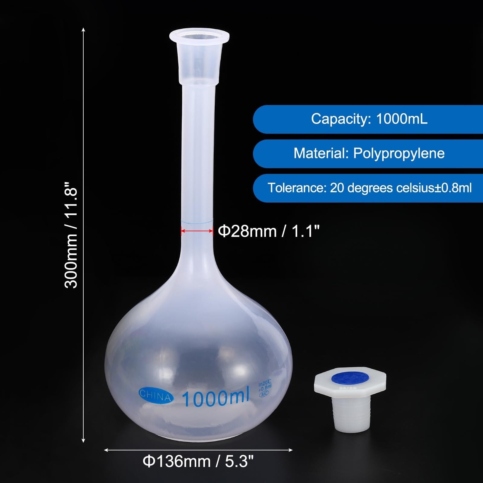 Matraz Aforado Polipropileno 250ml - Matraz de Medida Laboratorio Irrompible con Tapón y Graduación Azul(2,1000ml)