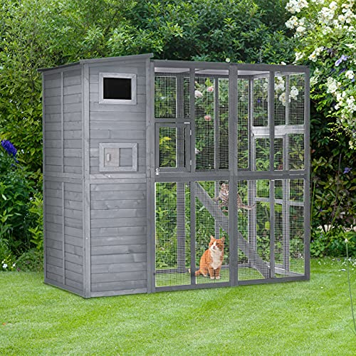 PawHut Large Pine Wooden Outdoor Cat House Enclosure Catio with Large Run, Kitten Cage with Weatherproof Roof - 77" L, Grey - Image 3