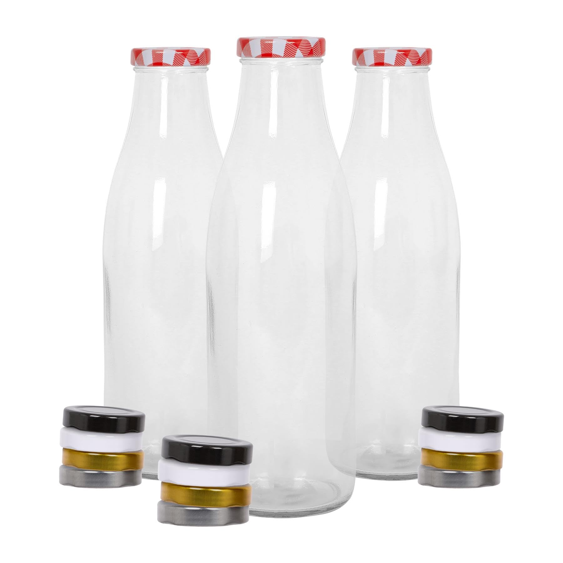 Argon Tableware Glass Milk Bottles with Lids - 960ml - Pack of 3 - Metal Lids Empty Clear Reusable BPA Free Water Bottle Orange Juice Container for Fridge Storage, Picnics, Weddings