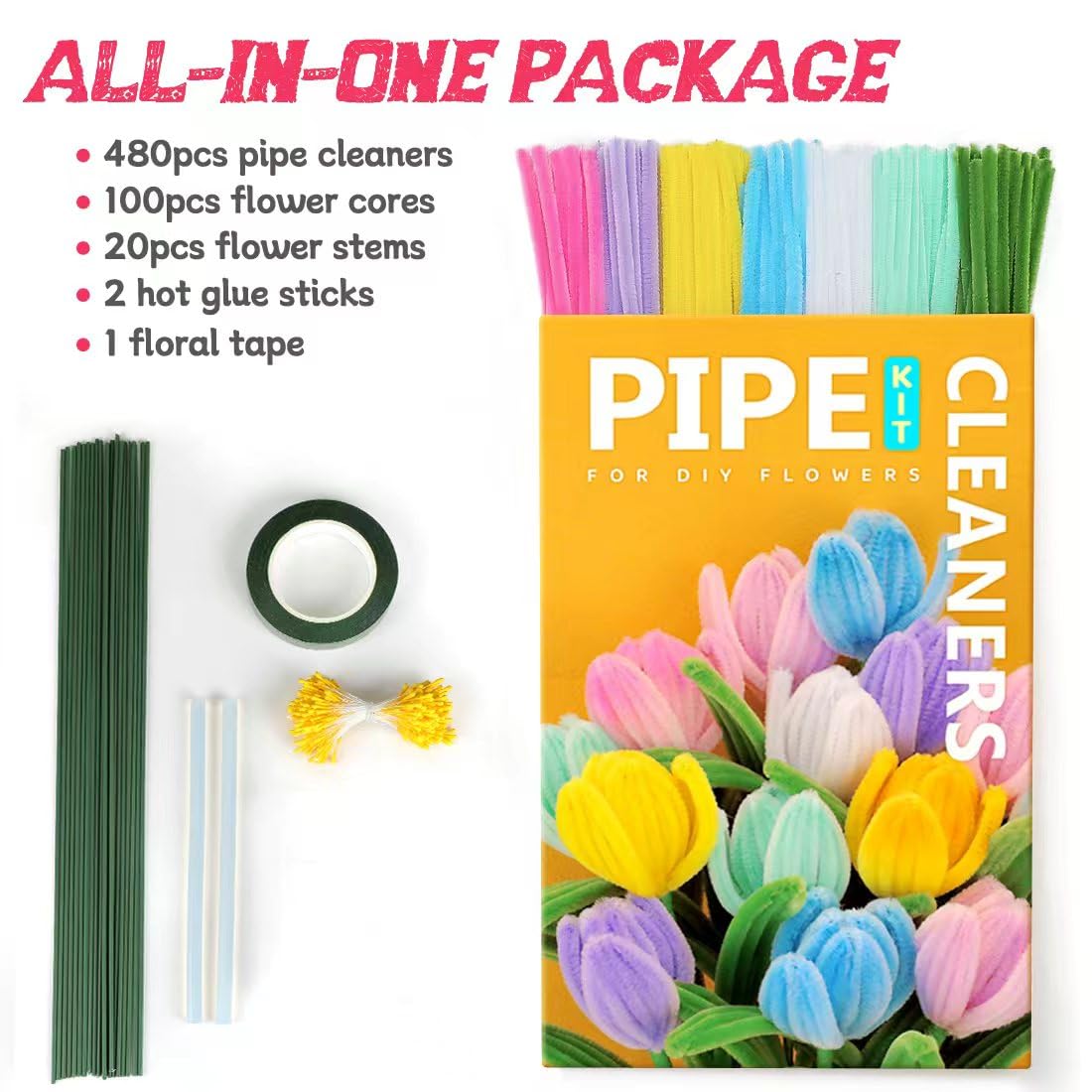IOOLEEM Blumenbastelset, 480 mehrfarbige Pfeifenreiniger, Blumenarrangement, Kunst- und Bastelbedarf, Premium-Qualität, für Kinder, faltbar