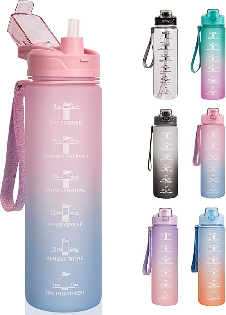 DEARRAY Motivational Sports Water Bottle 1 Litre with Straw and Time Marks, BPA Free Drink Bottles for Cycling, Fitness, Gym, Yoga, Hiking Pink/Blue