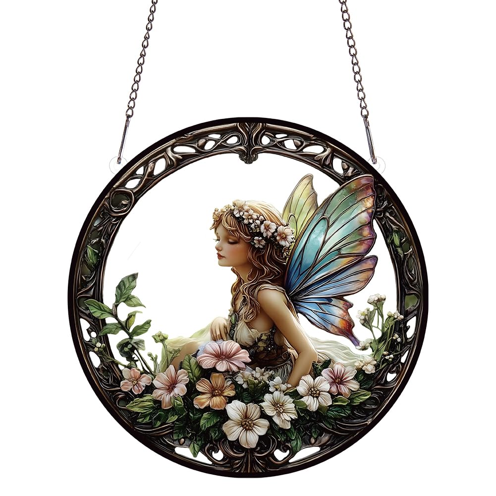 PLIGREAT Floral Fairy Acrylic Suncatcher, Nature Floral Window Wall Hanging Ornament Painted Colorful Art Crafts Suncatcher for Garden Home Outdoor