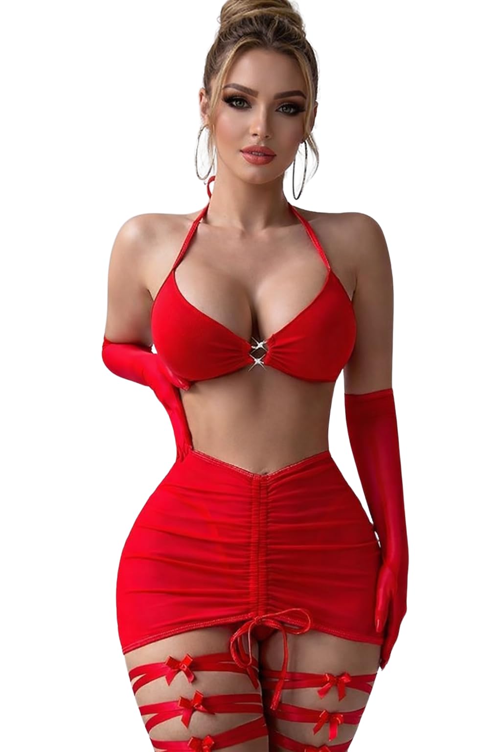 LUXZII Women’s Stylish Babydoll Lingerie Set with Halter Neck Bra, Body Hugging Mini Skirt, Matching Arm Gloves and Thigh Straps for Party & Night Wear