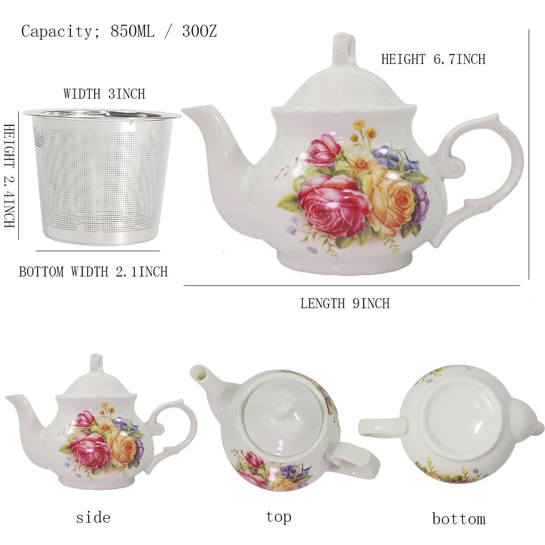 STARVAST Vintage Rose Ceramic Teapot - 28oz Floral Porcelain Pot With Golden Trim