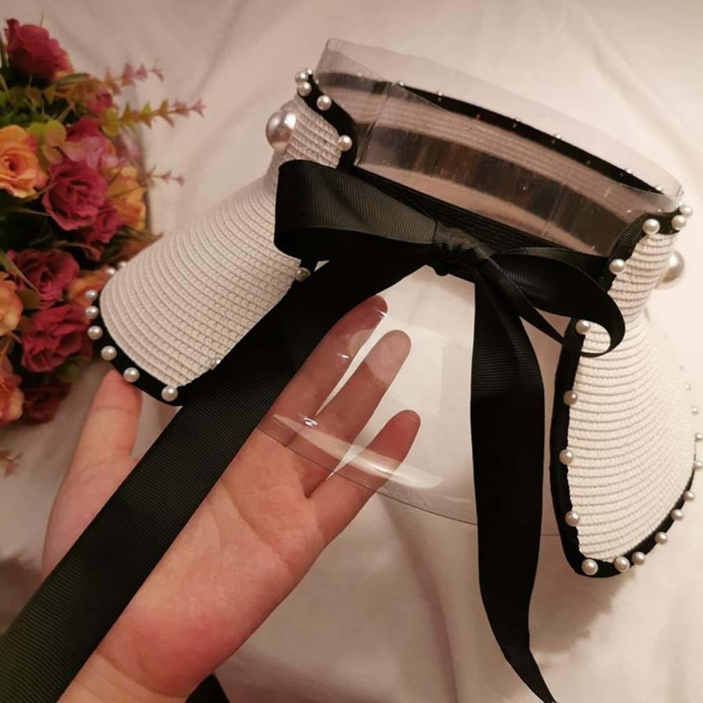 Classic White Large Brim Hollow Top Straw Hat Pearl Sun Hats Travel Seaside Sunshade Cap Foldable Black Bow Ribbon Beach Hat - Image 7