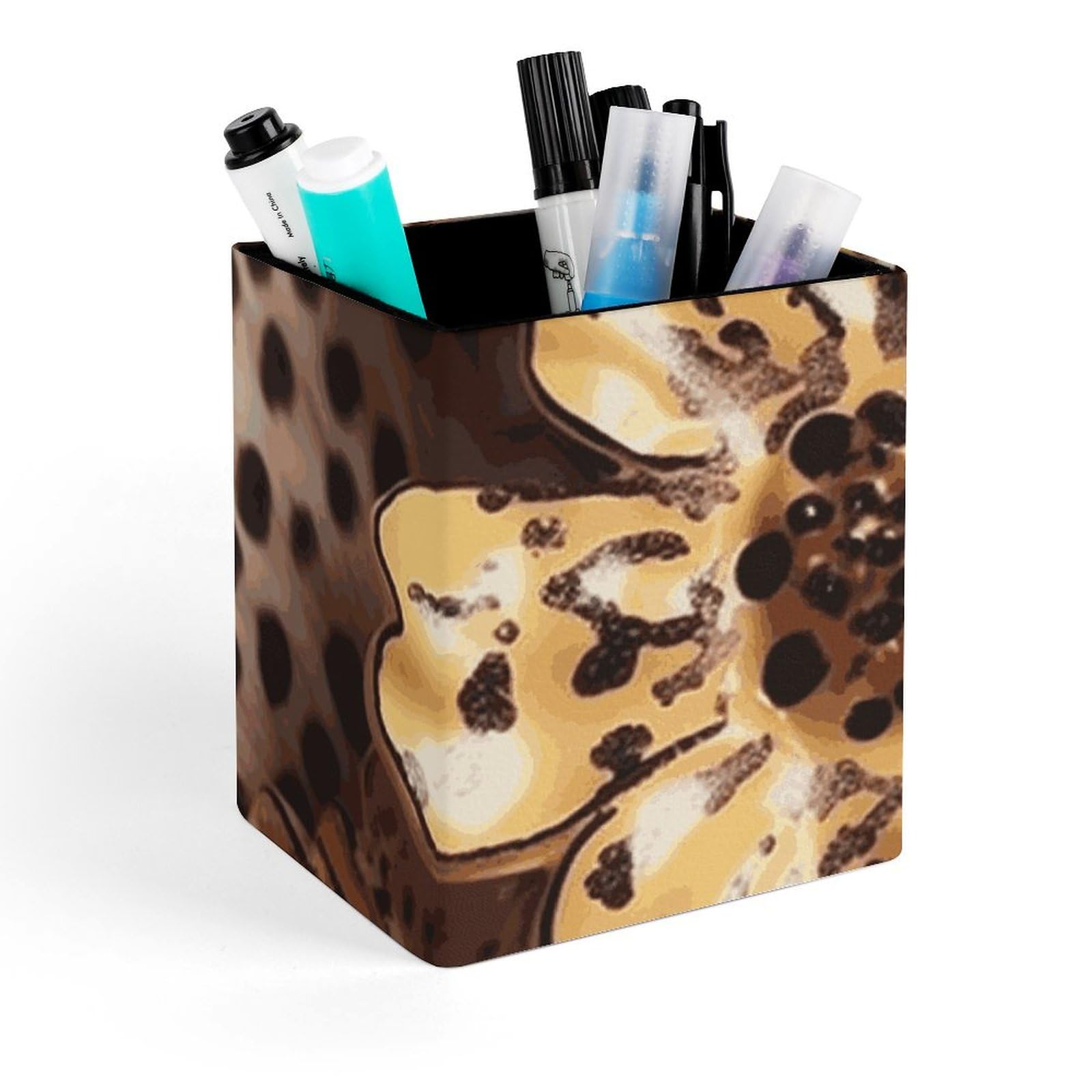 Porte-stylo carré en cuir vintage chic motif léopard aux finitions soignées