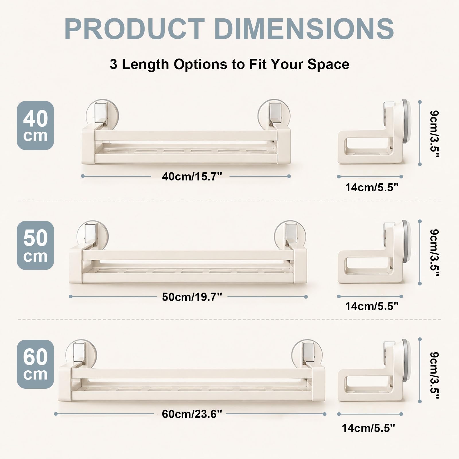 40 50 60cm Organizzatore Multifunzione Dormitorio Salvaspazio Supporta 5kg | Portaoggetti da Parete per Doccia con Ventosa Senza Foratura, Riutilizzabile per Bagno, Cucina e Bagno(50cm/19.7")
