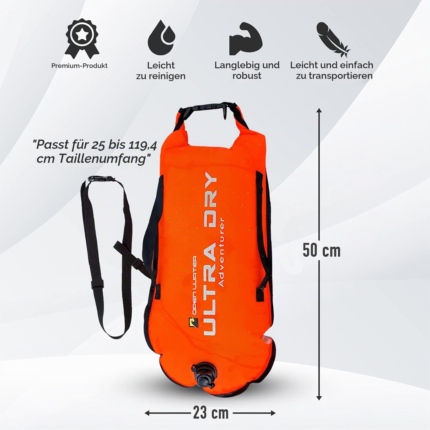 Swim Buoy Tow Float Gut sichtbarer Schwimmschwimmer Trockensack mit verstellbarem Hüftgurt, Tragegurt, wasserdichte Handyhülle für offenes Wasser, Wassersport, Schwimmen, 28L Orange