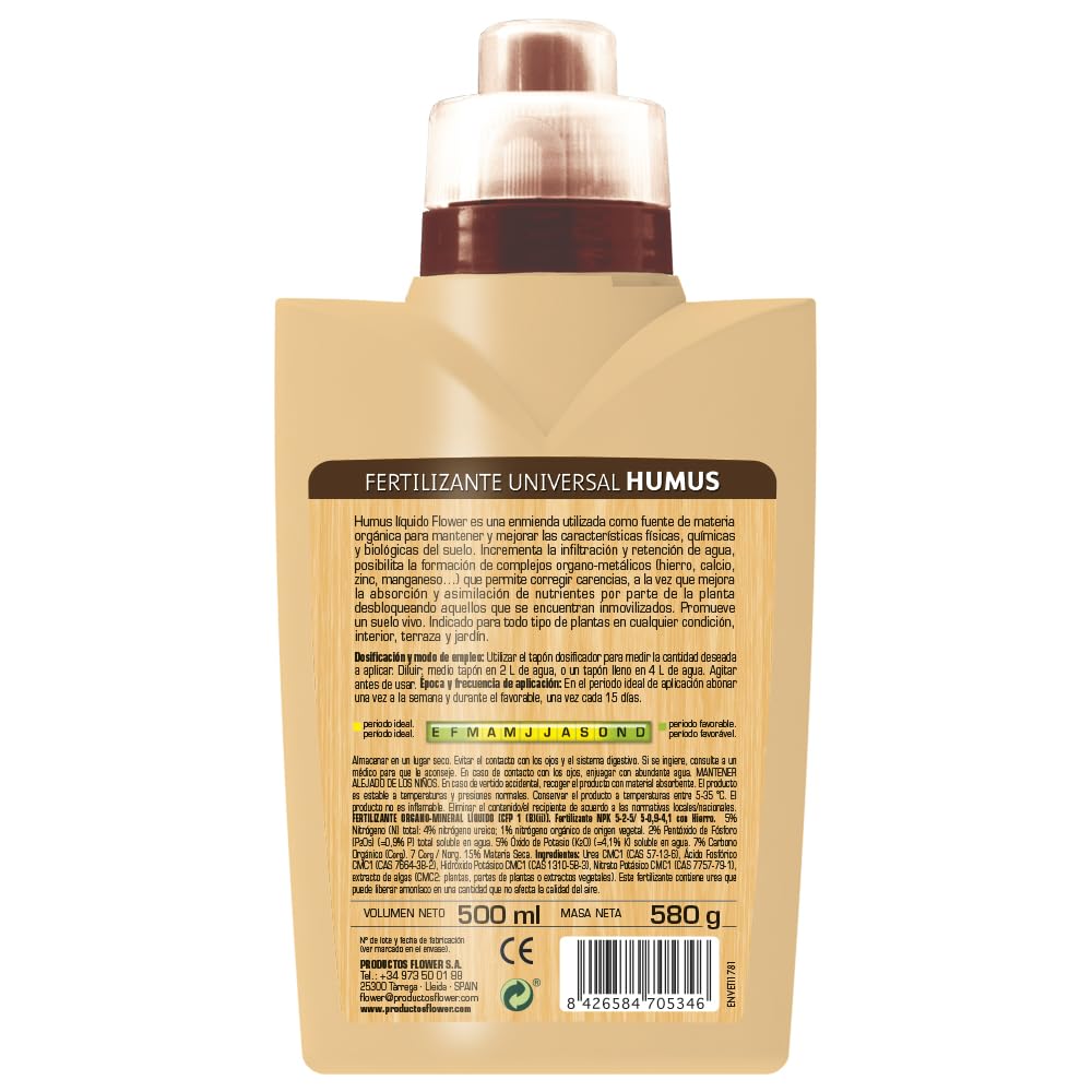 Flower - Fertilizante Universal Humus Huerto Urbano 500ml | Enmienda Orgánica Líquida | Estimula Desarrollo Vegetal | Incrementa Retención Nutrientes, No aplica color, 10x6.2x19 cm, Abono líquido