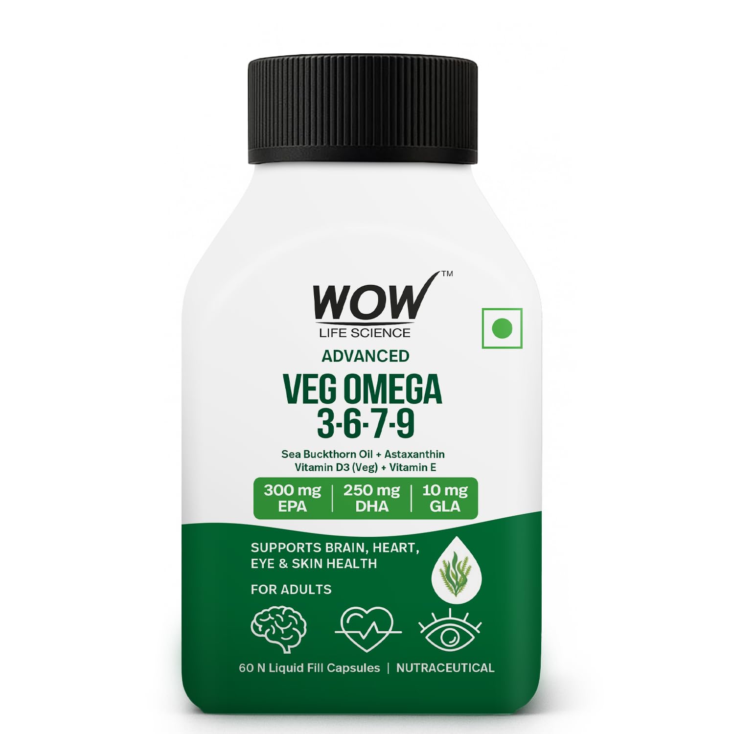 WOW Life Science Advanced Veg Omega 3-6-7-9 | Plant-Based EPA & DHA from Algal Oil + GLA from Evening Primrose | Sea Buckthorn Oil + Astaxanthin + Vitamin D3 (Veg) & Vitamin E | Brain Focus, Heart Health, Eye Support, Skin Hydration | 60 Capsules