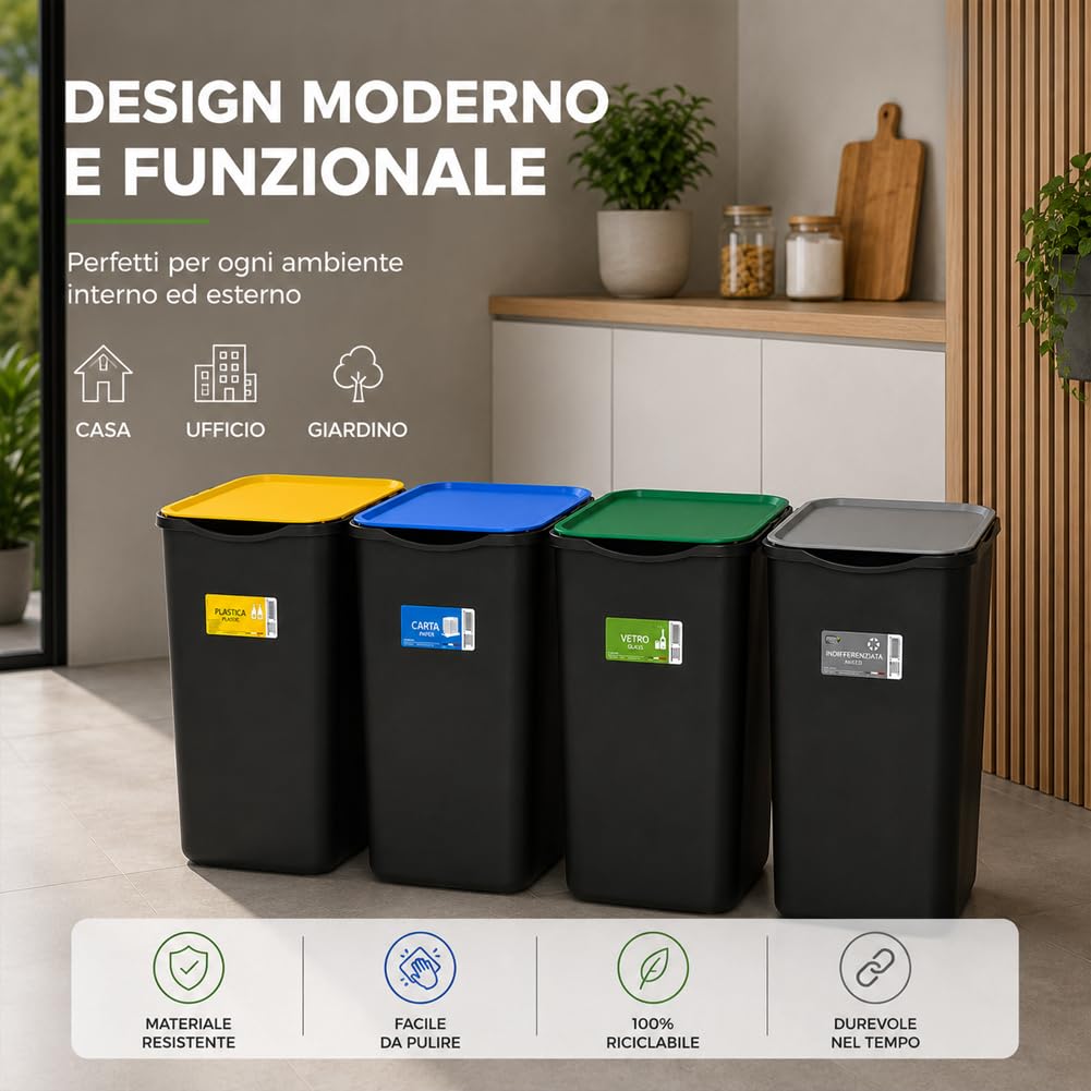 BAKAJI Set 4 Pattumiere per Raccolta Differenziata, Bidoni Spazzatura da 50 Litri con Coperchio Colorato Verde, Blu e Giallo, Contenitori Immondizia da Esterno e Interno, 37.5 x 36 x 62 cm