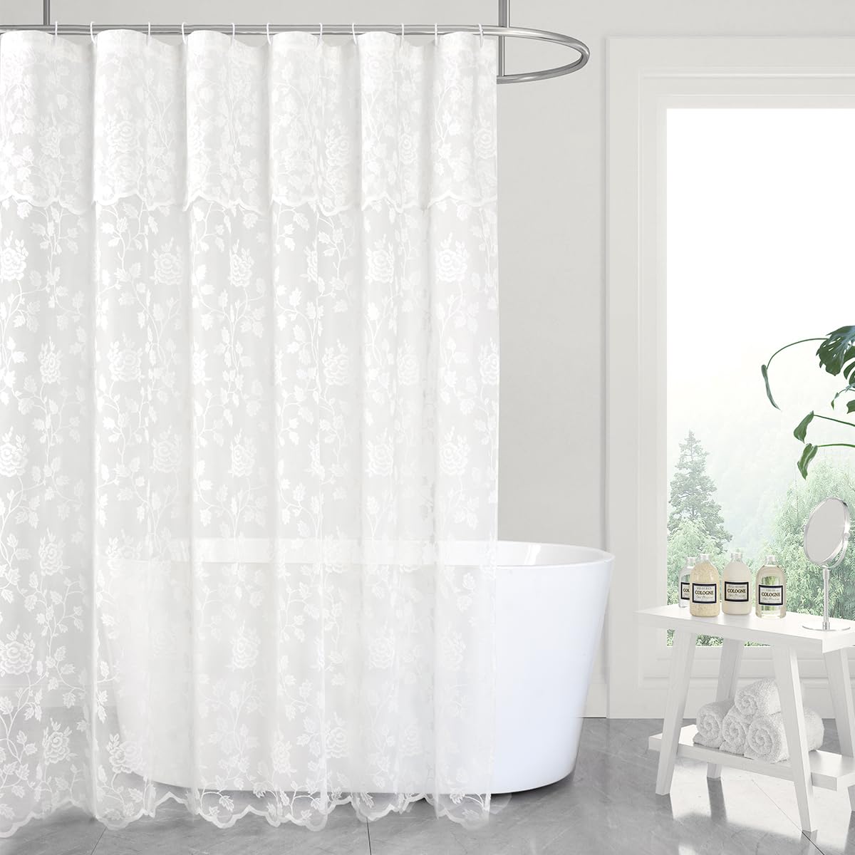 TERLYTEX Ivory Lace Shower Curtain with Attached Valance, Country Embroidery Vine Floral Pattern Scalloped Lace Sheer Shower Curtain 72 Inches Long