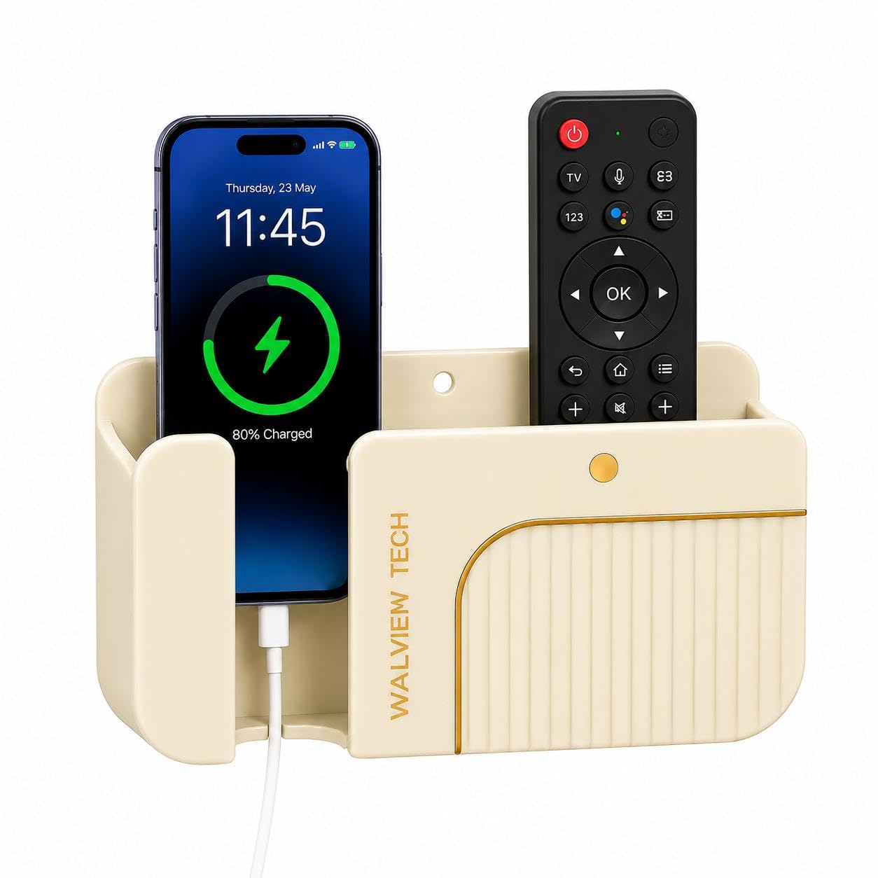 wallview tech wall mount mobile charging holder with storage box, self-adhesive phone stand, ac/tv remote organizer, multipurpose shelf- (crem white)
