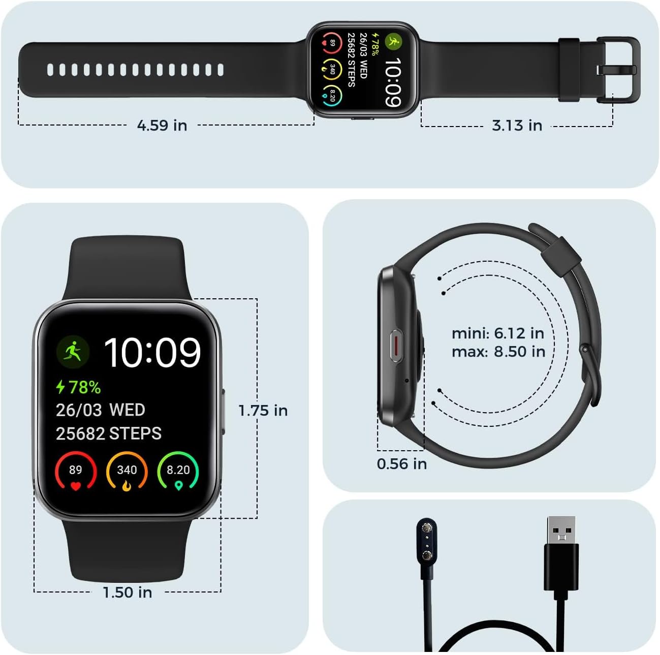 Dimensions of the Vibeat Smart Watch and its magnetic charging cable.