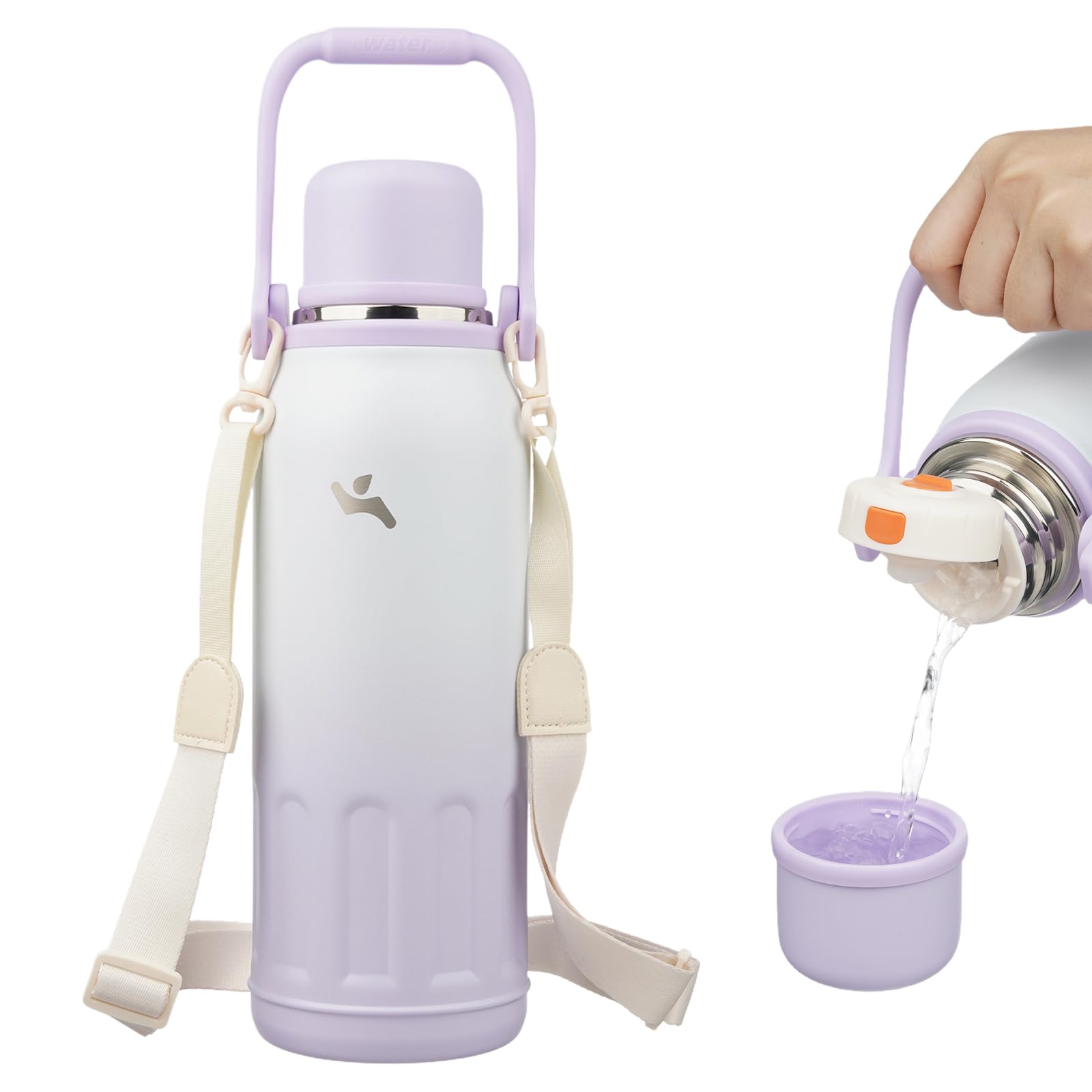 Insulated Water Bottle with Handle and Strap,Vacuum Travel Tumbler with Cup Lid,Thermo Coffee Cup for Hot Cold Drinks 50 OZ,Purple Pearl