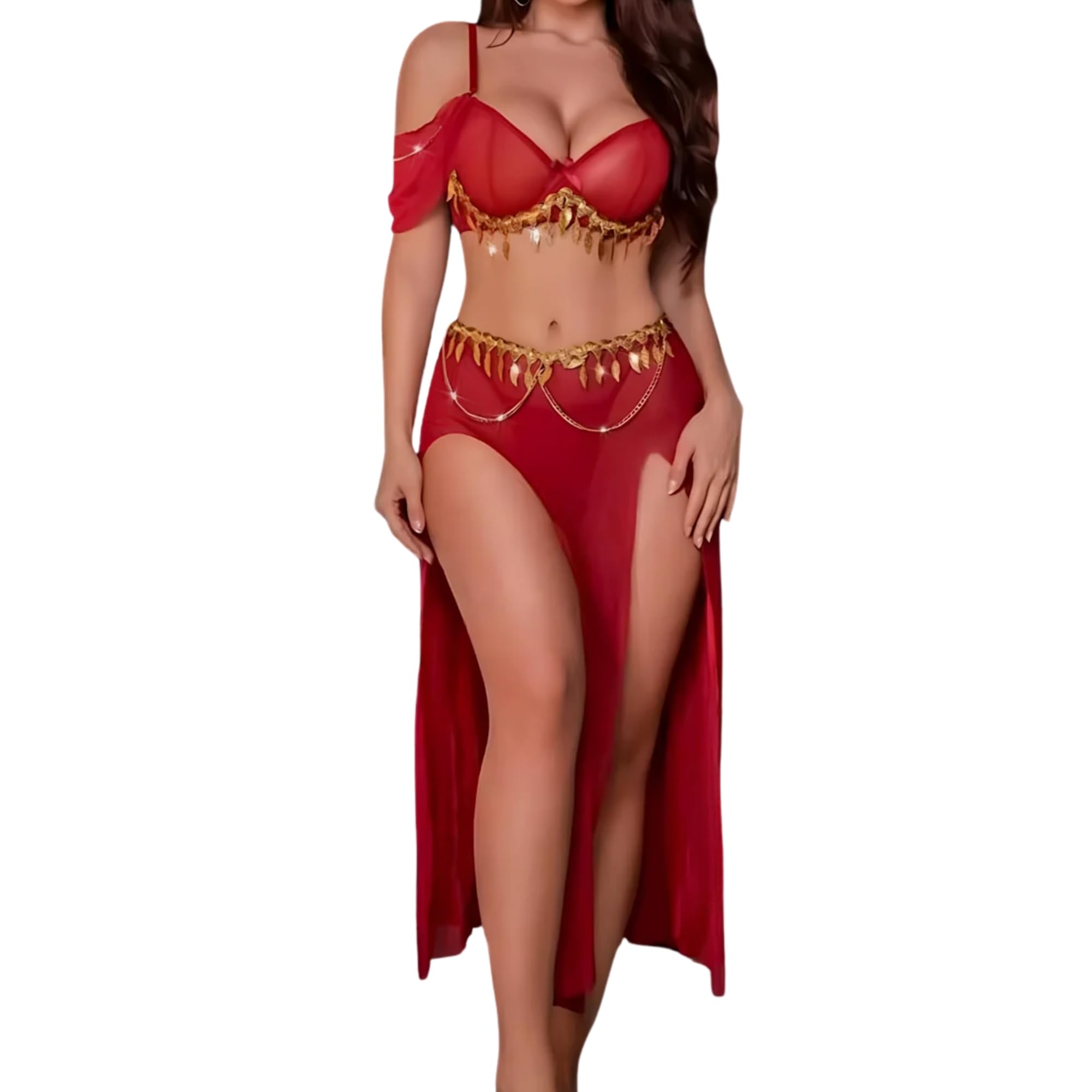 Women's Red Belly Dance Lingerie Set –Sheer Mesh Bra & High Slit Skirt-image-8