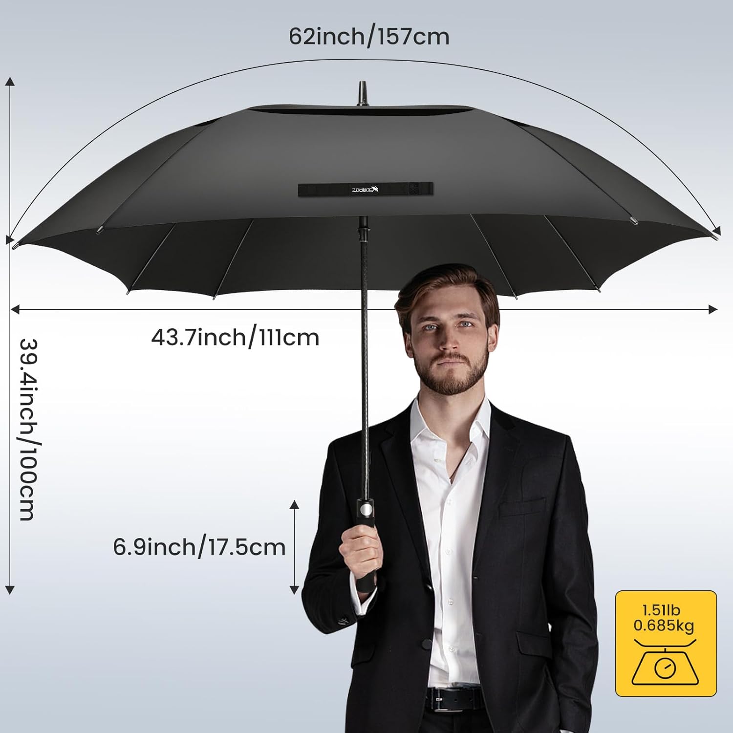 ZOMAKE Extra Large Golf Umbrella 62 Inch - Double Canopy Vented Golf Umbrellas for Rain Windproof Automatic Open Golf Push Cart Umbrella Oversize Stick Umbrellas for Men Women(Black/Square&Black)