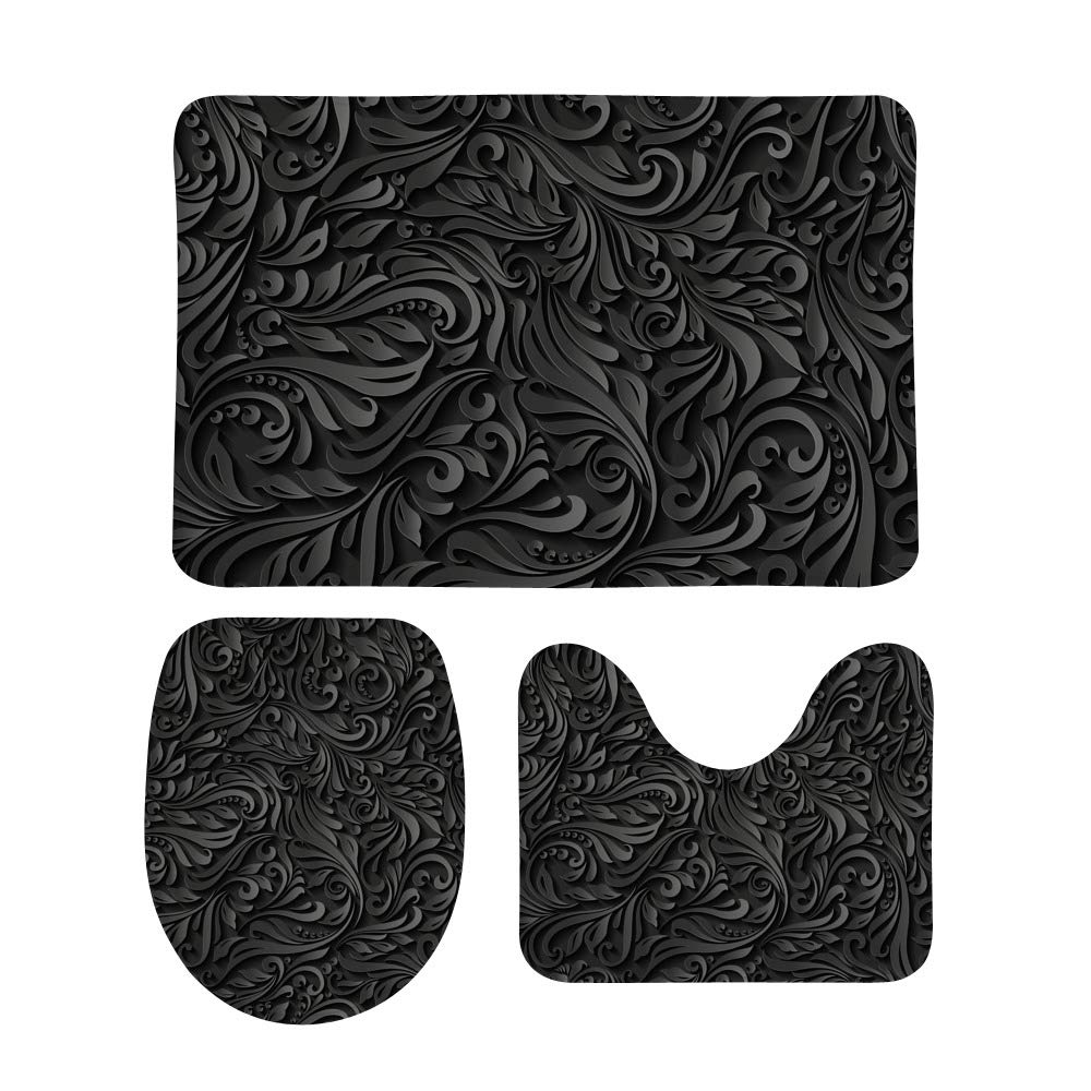 Tapis de bain antidérapants style fleur de rotin noir haute qualité lot de 3
