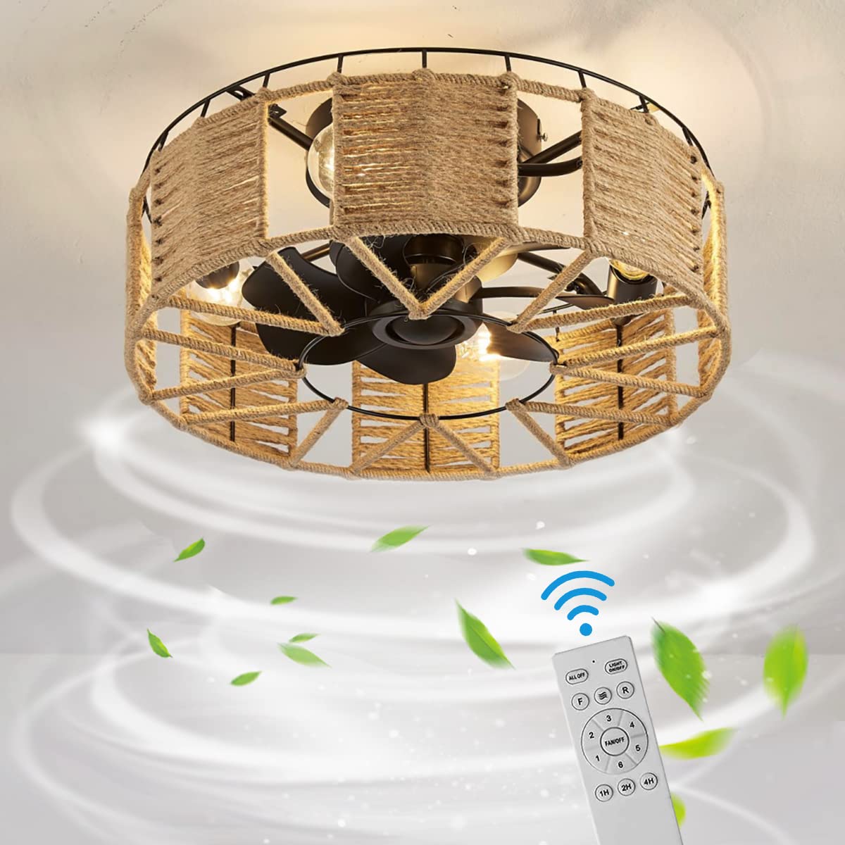 KZT Vintage Hemp Rope Ceiling Fan with Light and Remote Control Reversible Silent 6 Speed Timer Ceiling Fans with Lamps E27 Rustic Mute Living Room Ceiling Fan Light for Bedroom Bar Hotel Cafe (c)