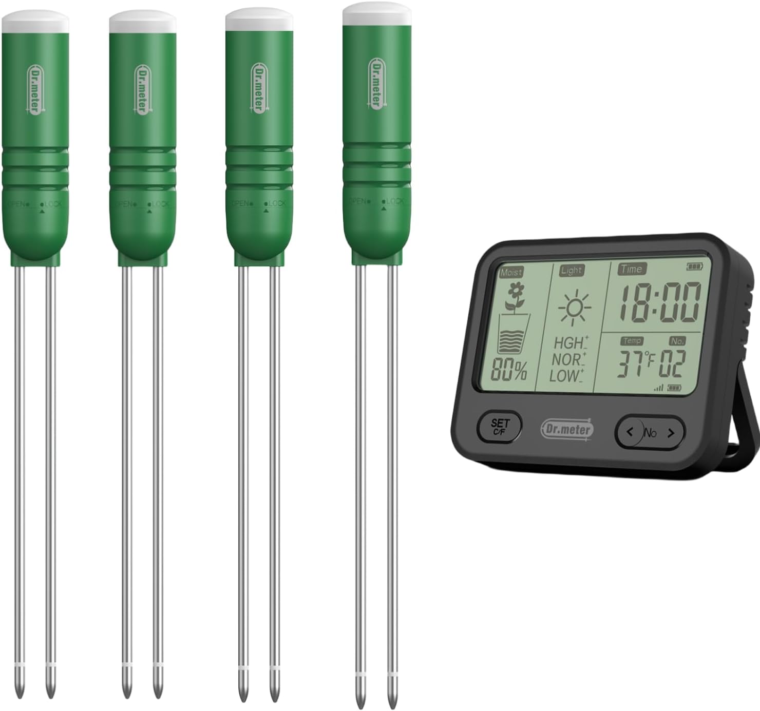 Dr.meter 4-in-1 Soil Moisture Meter, 300ft Wireless Soil Tester Sensor, Temperature/Light/Time/Soil Hygrometer Monitor with Digital LCD Display for Houseplants Garden Farm Lawn 4Pcs