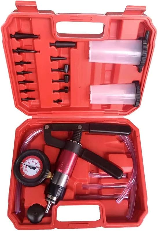 Kit com 23 peças de bomba manual de vácuo e pressão para sangria de freios, com manômetro, adaptadores e 2 reservatórios ZJERYL GULL vermelho