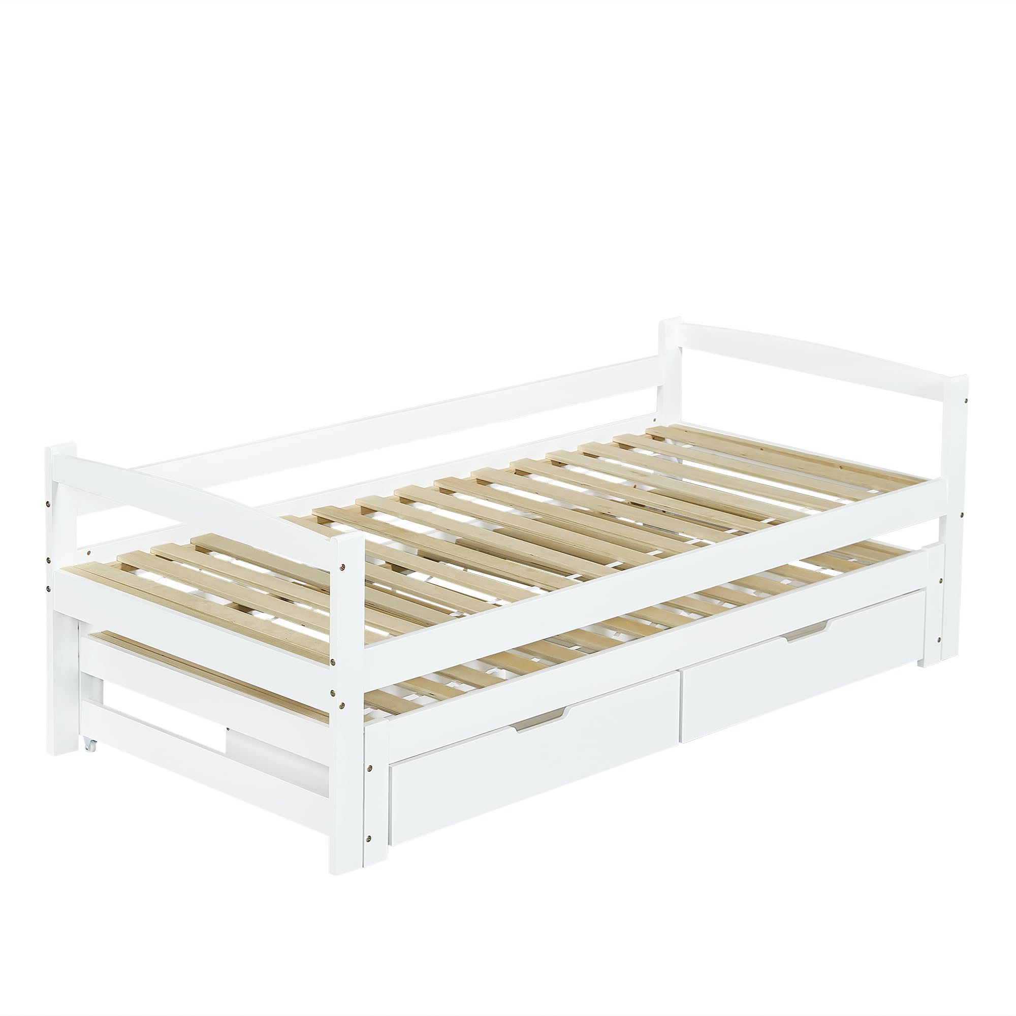 Moimhear Letto singolo e matrimoniale, letto scorrevole con ruote in basso, con 2 cassetti in MDF, struttura in legno massello, bianco (90x200cm/90x190cm)