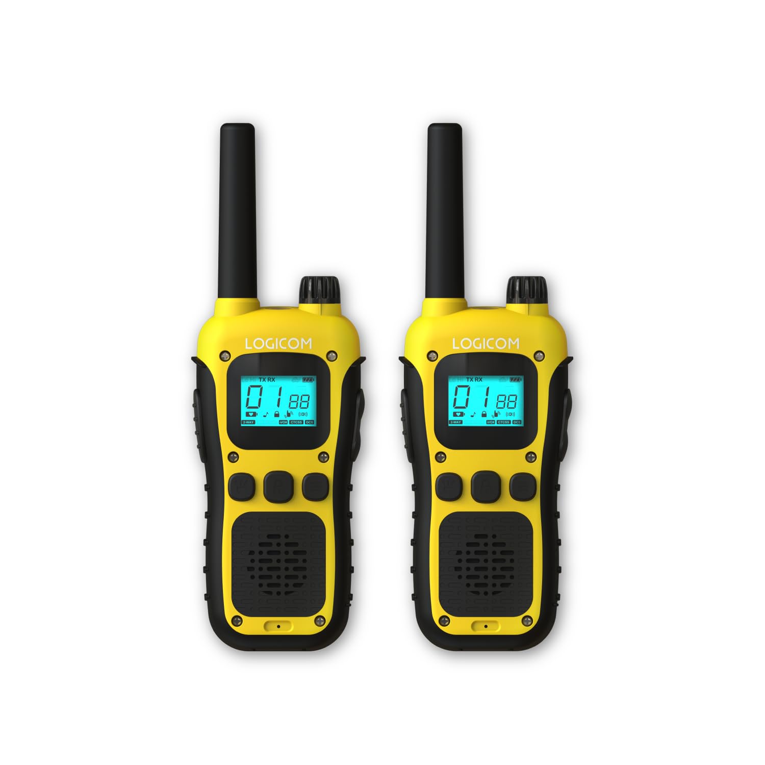 Logicom - Adventure Walkie-Talkie PMR446 IP54 Portata 10 km autonomia 20h schermo LCD USB-C Torcia VOX Vivavoce 16 canali Batteria 1000 mAh Confezione da 2 radio