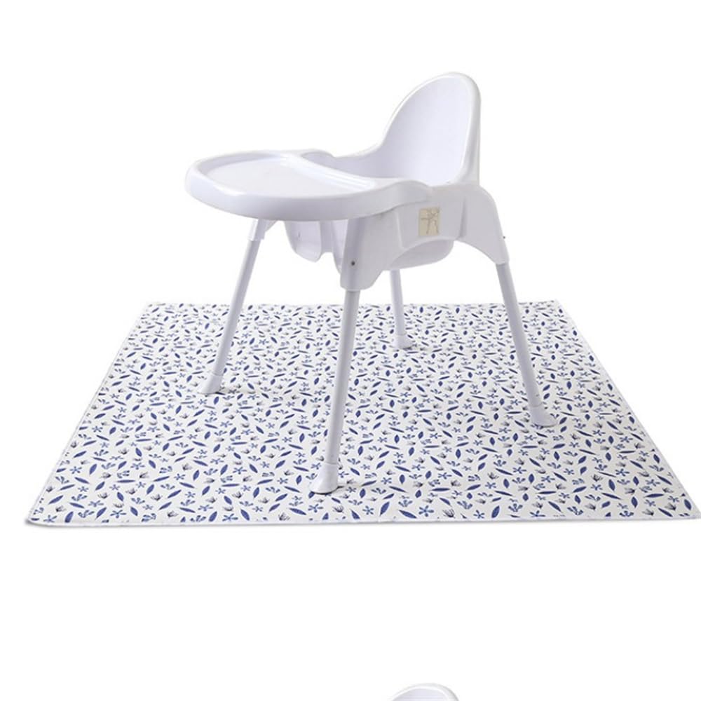 Treer Baby Splat Mat for Under High Chair, 51" Highchair Splash Floor Mat Waterproof Anti Slip Washable Spill Mat, Creative Portable Weaning Mat/Play Mat/Tablecloth/Picnic Mat (Blue Leaves)