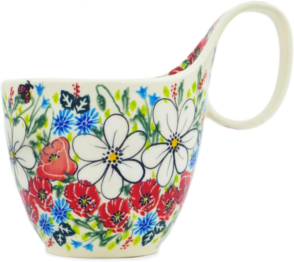 Polmedia Polish Pottery Bowl with Loop-Handle 7-inch UNIKAT - Polish Spring Pattern Handmade in Boleslawiec Poland + Certificate of Authenticity