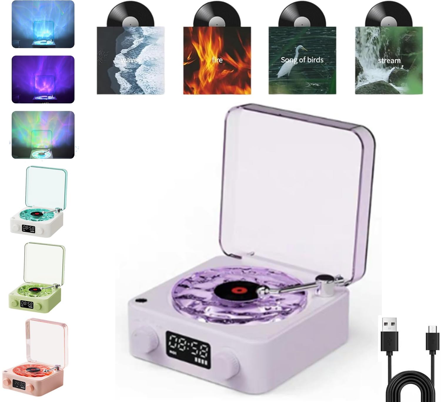 The Waves Vinyl Player,Waves Vintage Vinyl Record Player Bluetooth Speaker with Adjustable Ambient Lights,Music Player with 4 Modes,Vintage Record Model Players with Time,Wave Audio Turntable(Purple)