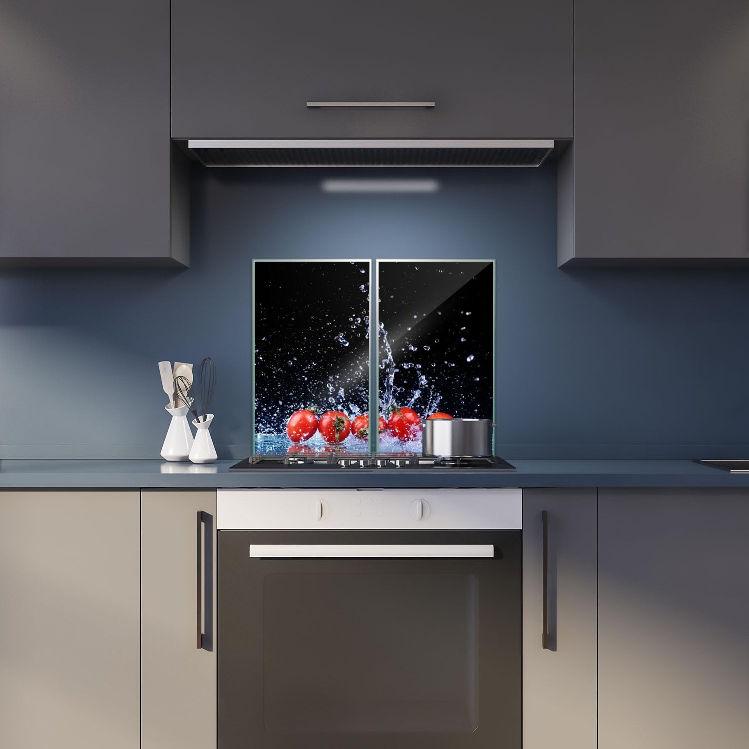 Herdabdeckplatte Abdeckung Ceranfeld Abdeckplatte Schneidebrett 2-Teilig 60x52 Tomaten Schwarz Spritzschutz Glasplatte Ceranfeldabdeckung Schutz Herdschutz Sicherheitsglas Glasschneidebrett 2x30x52