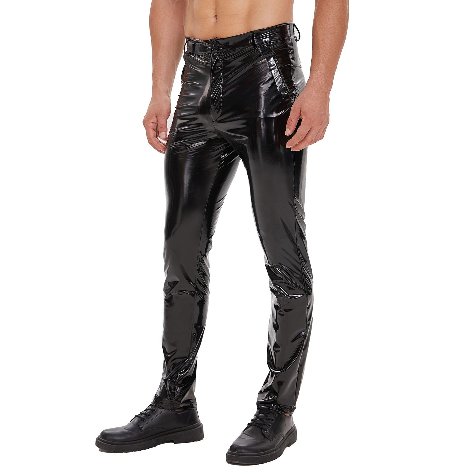 Pantalon en cuir brillant pour homme - Coupe sexy avec fermeture éclair - Aspect mouillé - Cuir synthétique - Pantalon droit et décontracté - Pour costume de cosplay, boîte de nuit - Noir