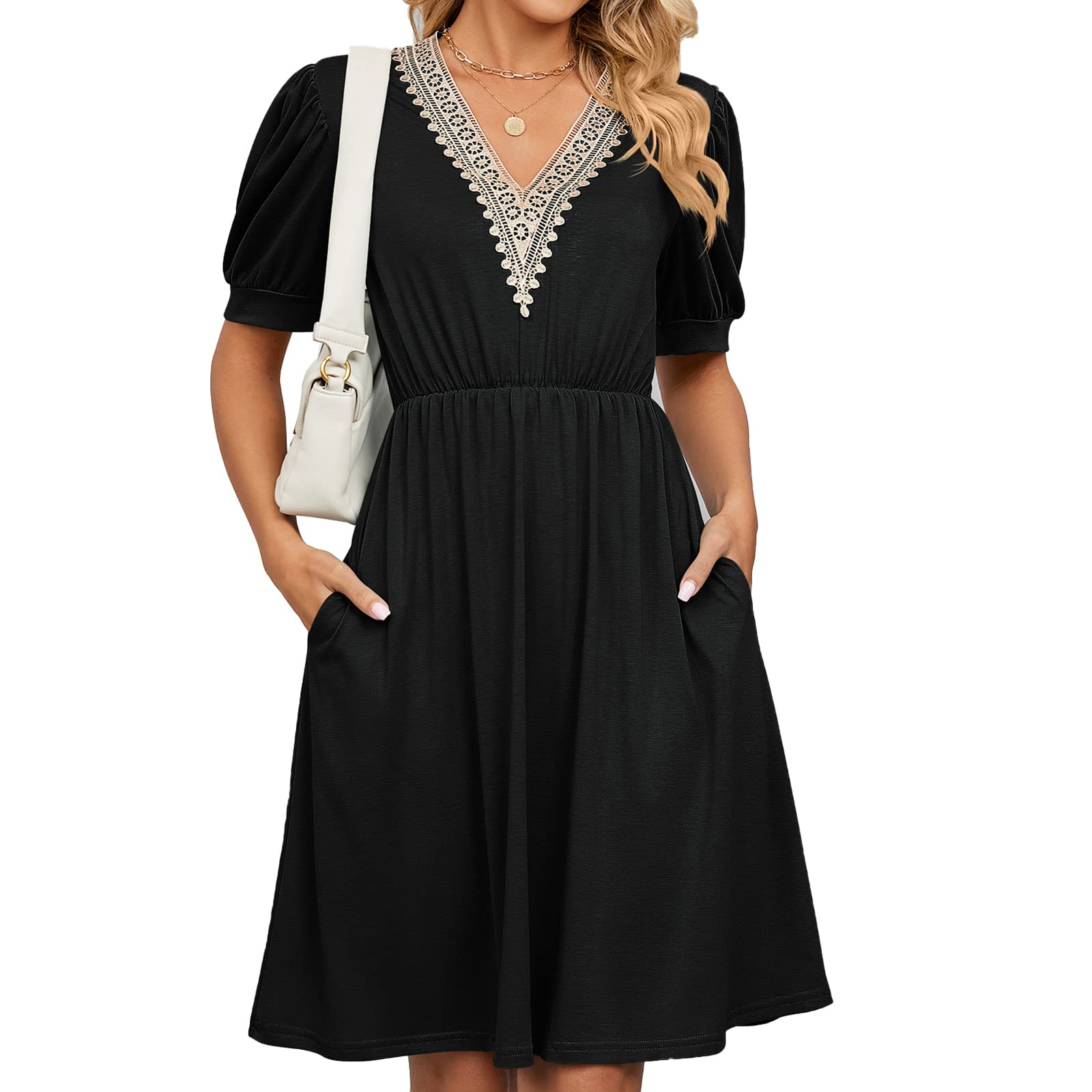 HANERDUN Vestidos Verano Mujer Mangas Cortas Elegante Vestido Casual Playa Vestidos Boho Chic Cuello en V con Ribete de Encaje Fiesta Summer Dress