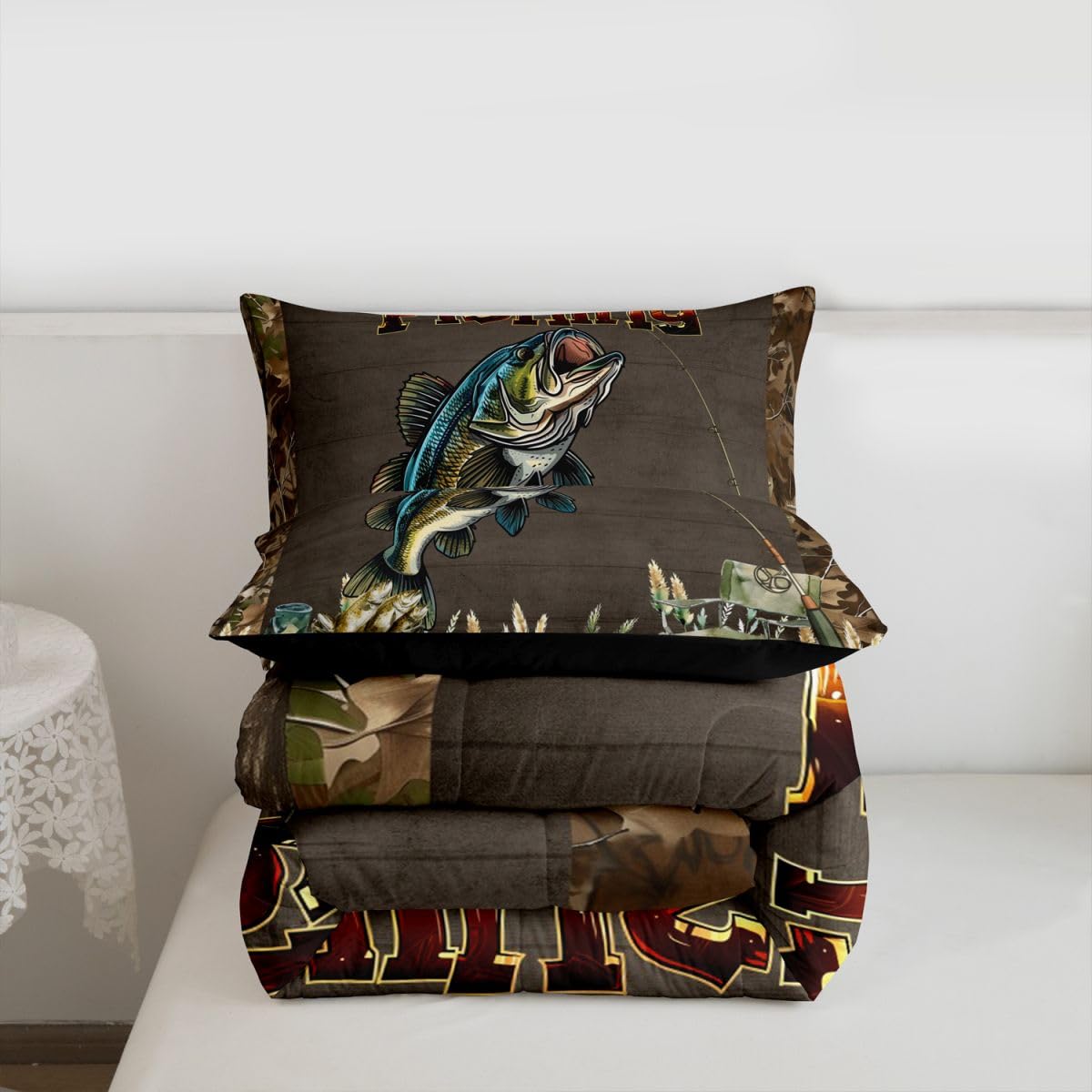 Homemissing Bass Fish Letto Trapuntato Caccia Pesca Per Ragazzi Ragazze Rustico Lakehouse Set Piumini 230x220cm 3 Pezzi Camera Decor