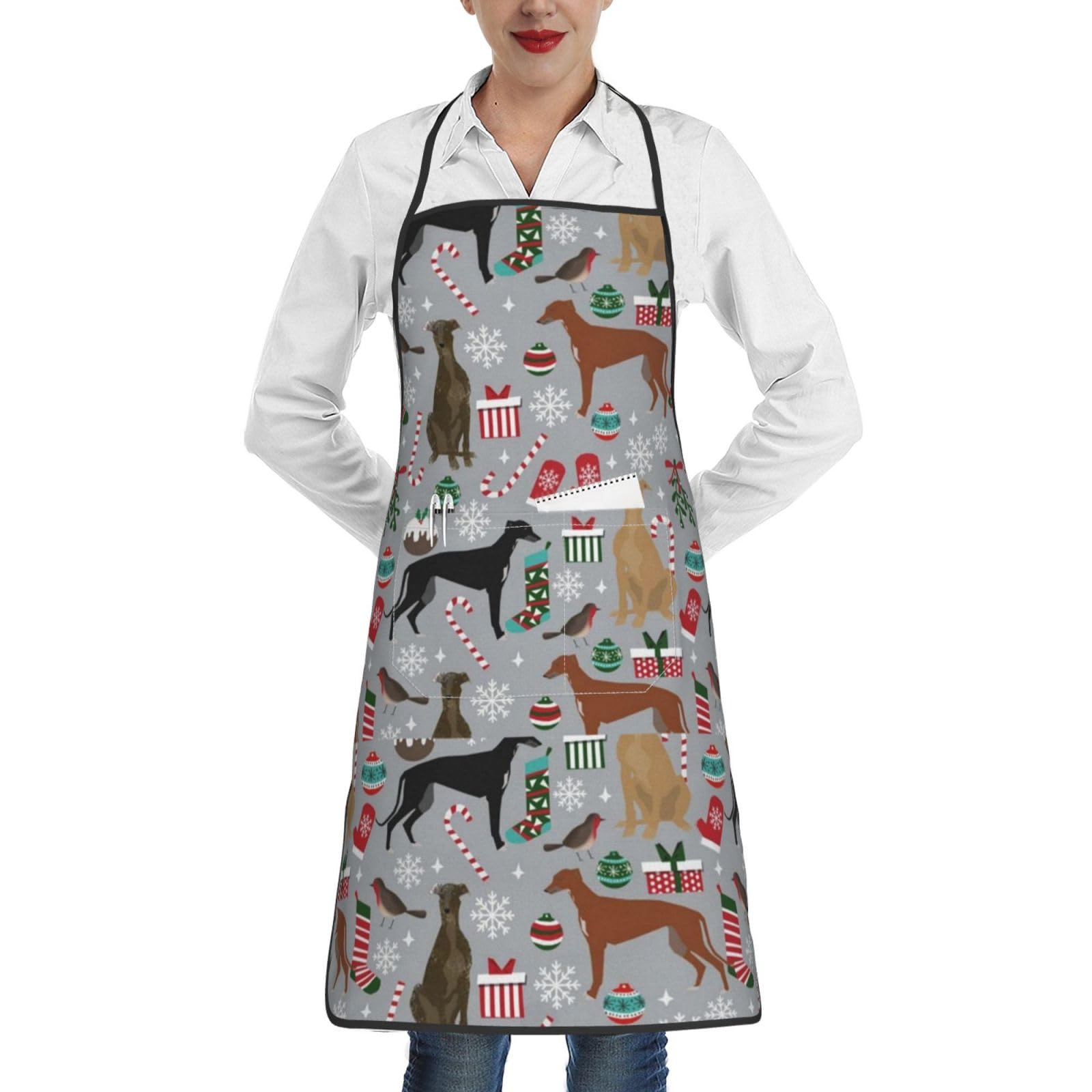 YsoLda Kitchen Aprons,Cooking Apron With Pockets,Waterproof Chef Apron Adjustable Bib Aprons,Greyhound Dogs Christmas Dog Cute Xmas Dog