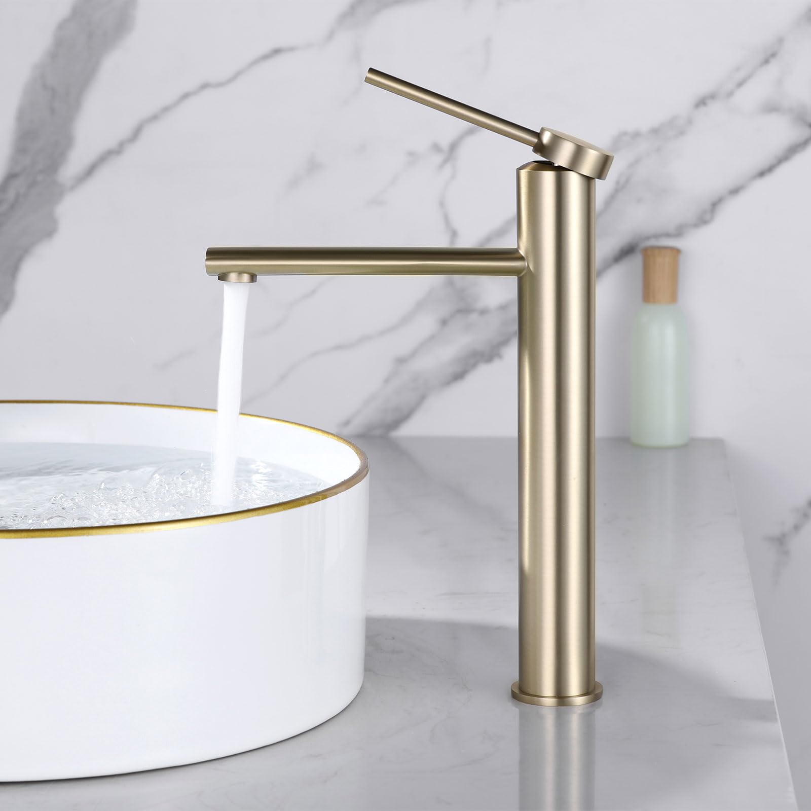 Rubinetto Lavabo Bagno Alto Monocomando Phasat - In Acciaio Inox Con Finitura Oro Rosa, Design Moderno