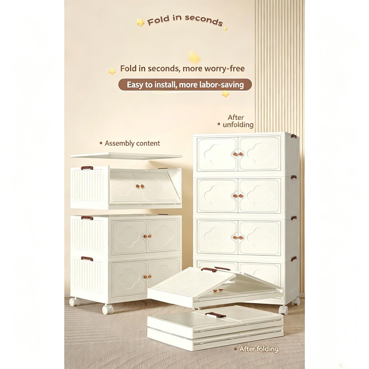 Scatole portaoggetti con coperchio, Armadio pieghevole ruote, senza montaggio, Cassetta in plastica for vestiti, giocattoli, camera da letto e cucina(Three)