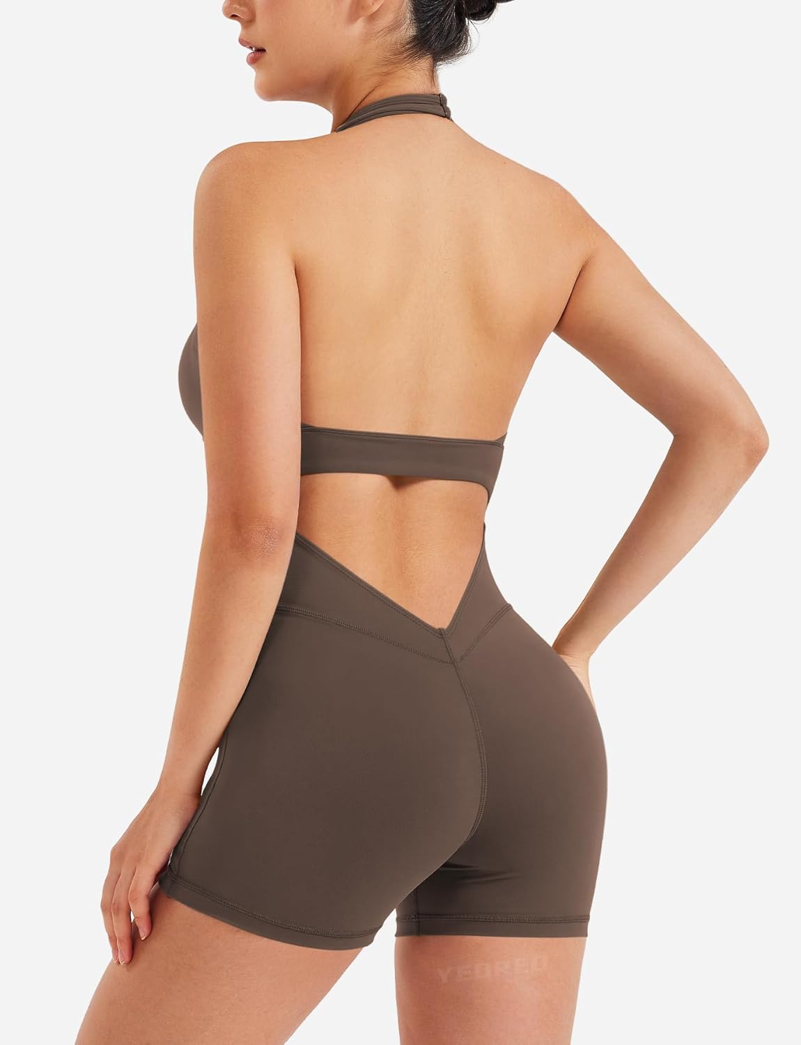 YEOREO Women Halter Workout Jumpsuits One Piece Backless Bodycon Bodysuits Hidden Scrunch V Back Yoga Joceline Short Romper - Image 2