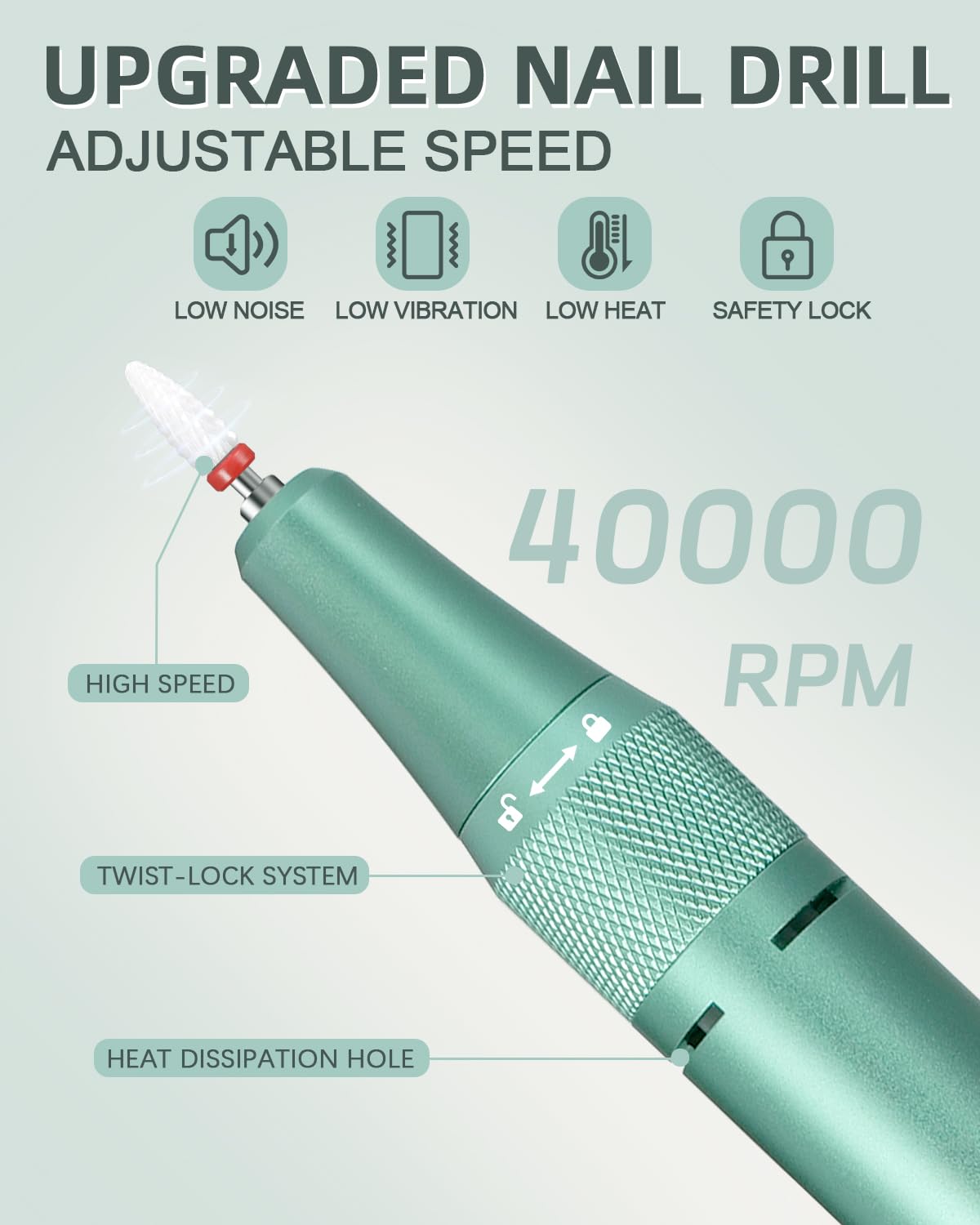 Torno para Uñas Profesional 40000 RPM, Lima Eléctrica Inalámbrica para Uñas de Gel y Acrílico, Kit de Manicura y Pedicura Recargable con Pantalla LCD, 7 Brocas y 56 Bandas, M96G