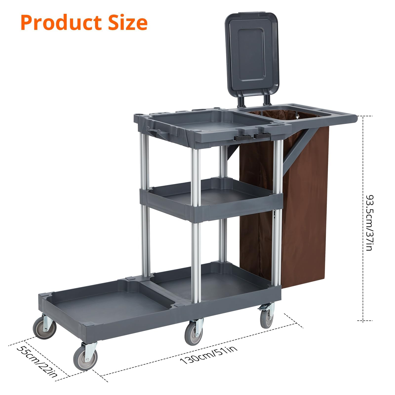 Carro de Limpieza Comercial,Carro Limpieza Profesional para Hoteles y Hospitales con Estantes, Carro de Servicio con 6 Ruedas y Bolsa de Vinilo para Oficina y Hotel, Capacidad de 300 LB