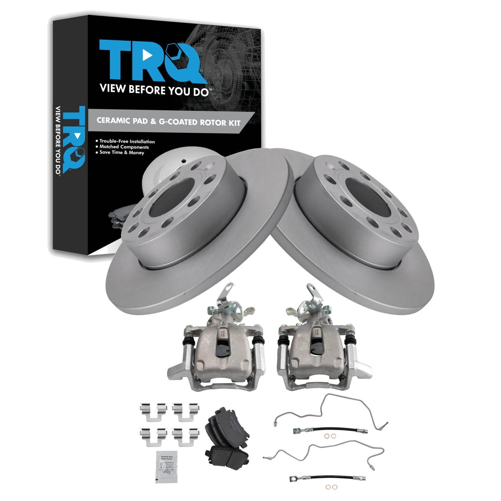 TRQ Rear Brake Pad and Rotor Set Ceramic G Coated 260mm Rotors Calipers Compatible with 2005 Volkswagen Jetta