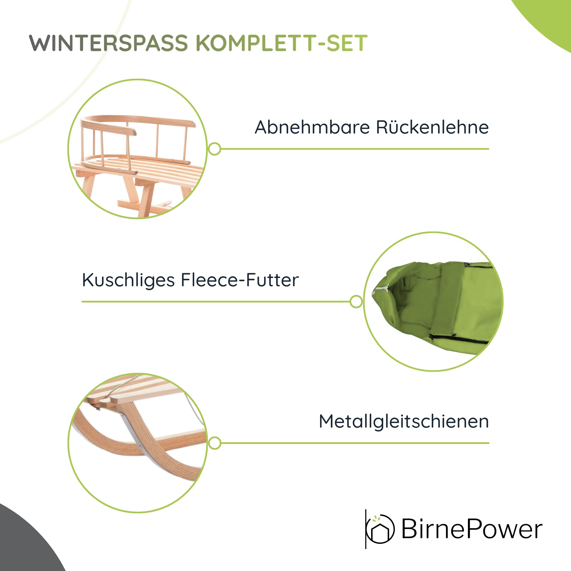BirnePower Holzschlitten 90cm mit Rückenlehne und Winterfußsack 90cm oder 108cm Komplettset inkl. Zugseil & Gurt, Rodelschlitten aus Buchenholz