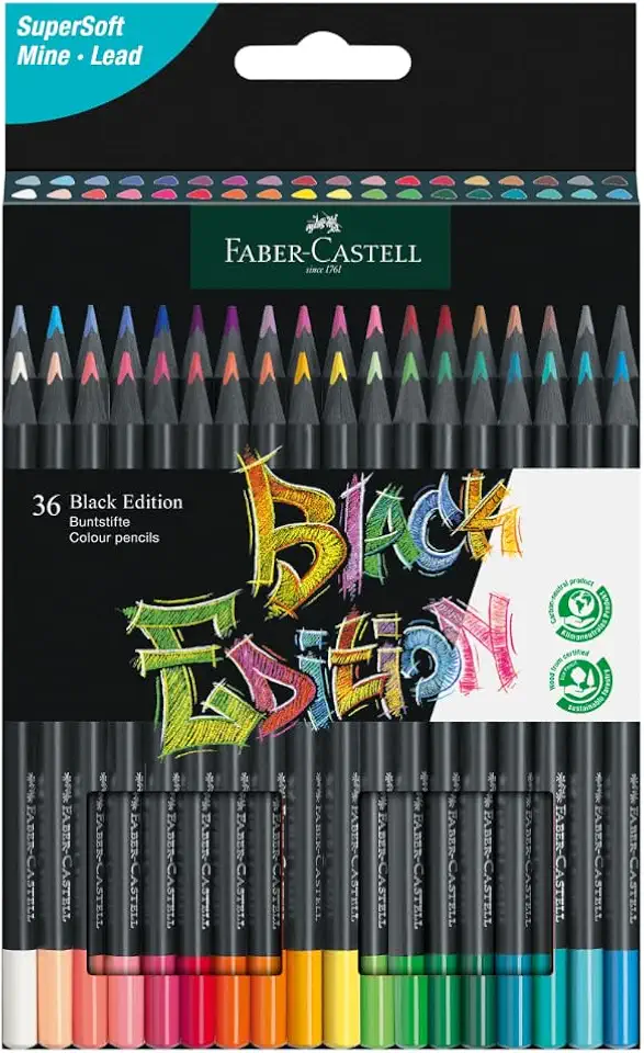 Faber-Castell Lápis de cor Black Edition – 36 unidades, madeira preta e grafite supermacio, conjunto de lápis de cor neon e pastel, lápis de cor para livros de colorir para adultos, lápis de arte para