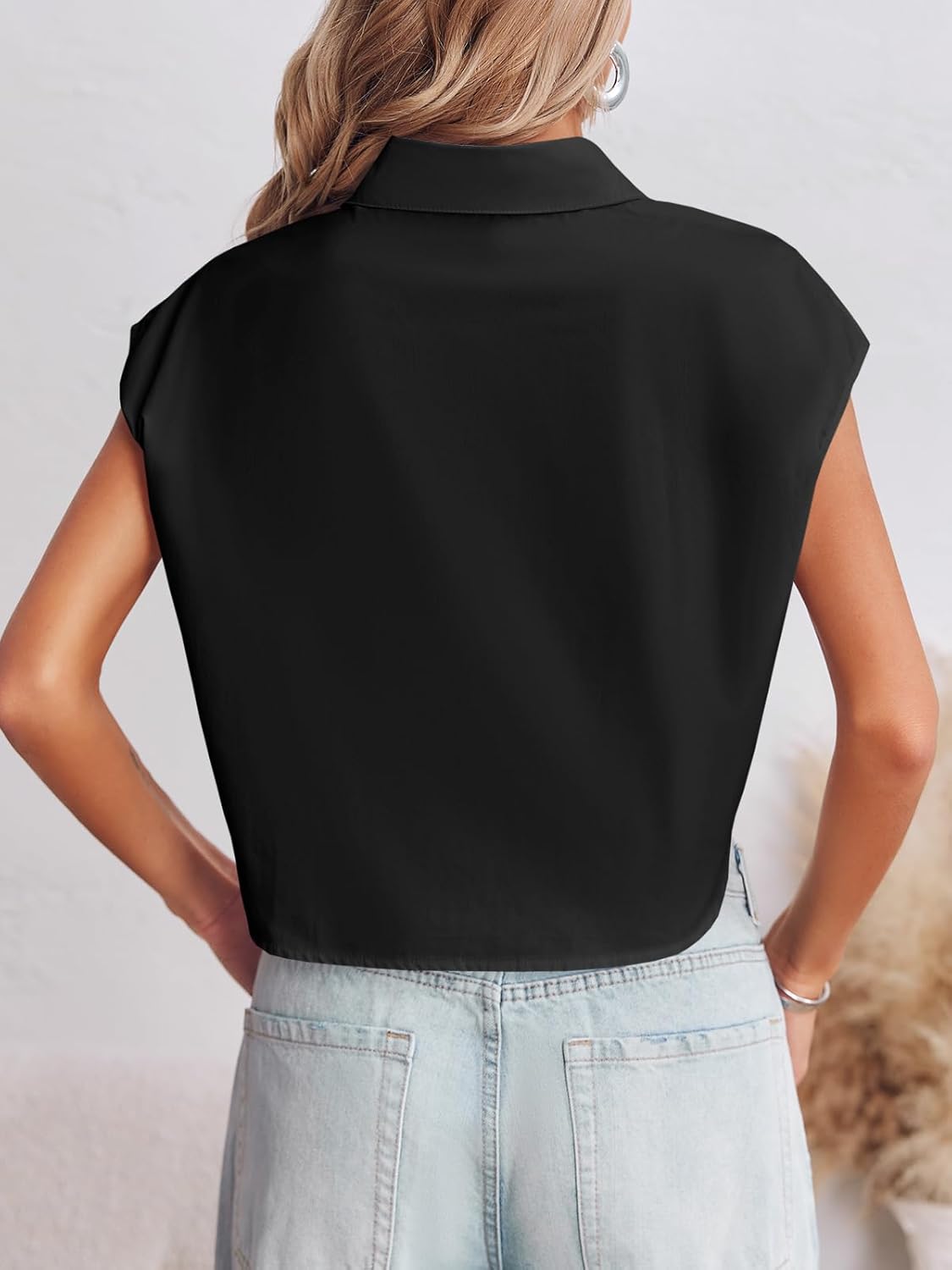 Tankaneo Womens Button Down Shirts Cute Summer Cap Sleeve Crop Tops Blouse - Image 4