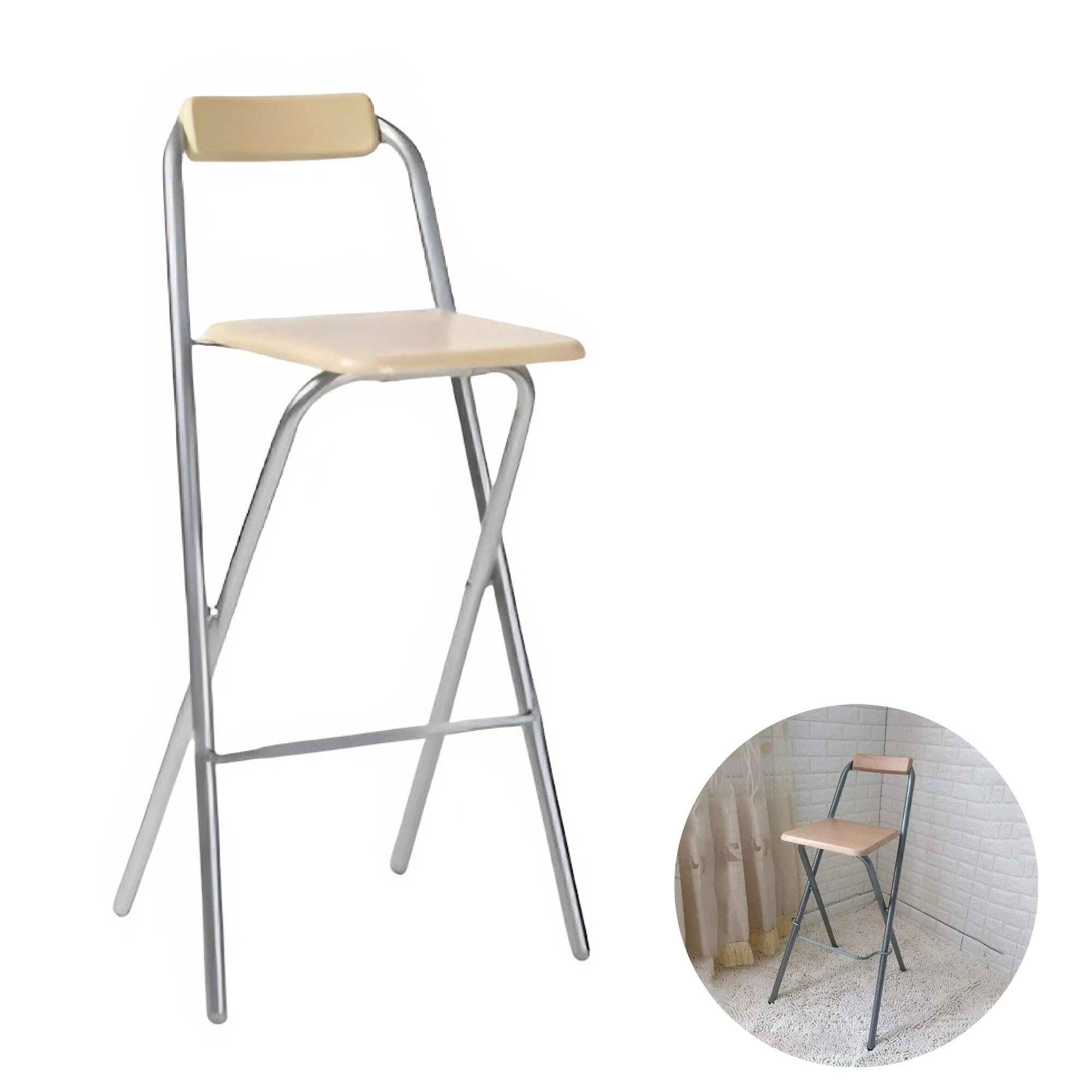 SterlingEdge Wooden Folding Folding Bar Stool Kitchen Restaurant Home Silver Frame Seating Foldable Chair Rubber Covered Footrest