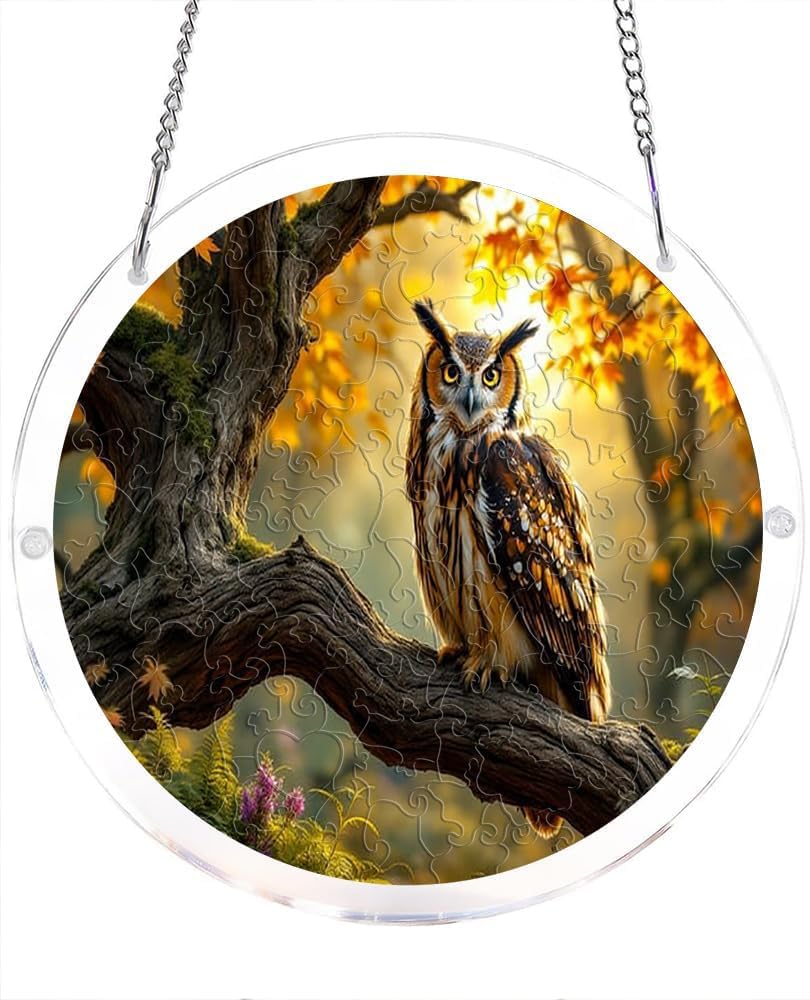 Owl On Tree Branch Autumn Forest Acrylic Jigsaw Puzzles Suncatcher, 8.9 Inch Window Hanging Suncatcher Acrylic Puzzle, DIY Home Decor Art Gift