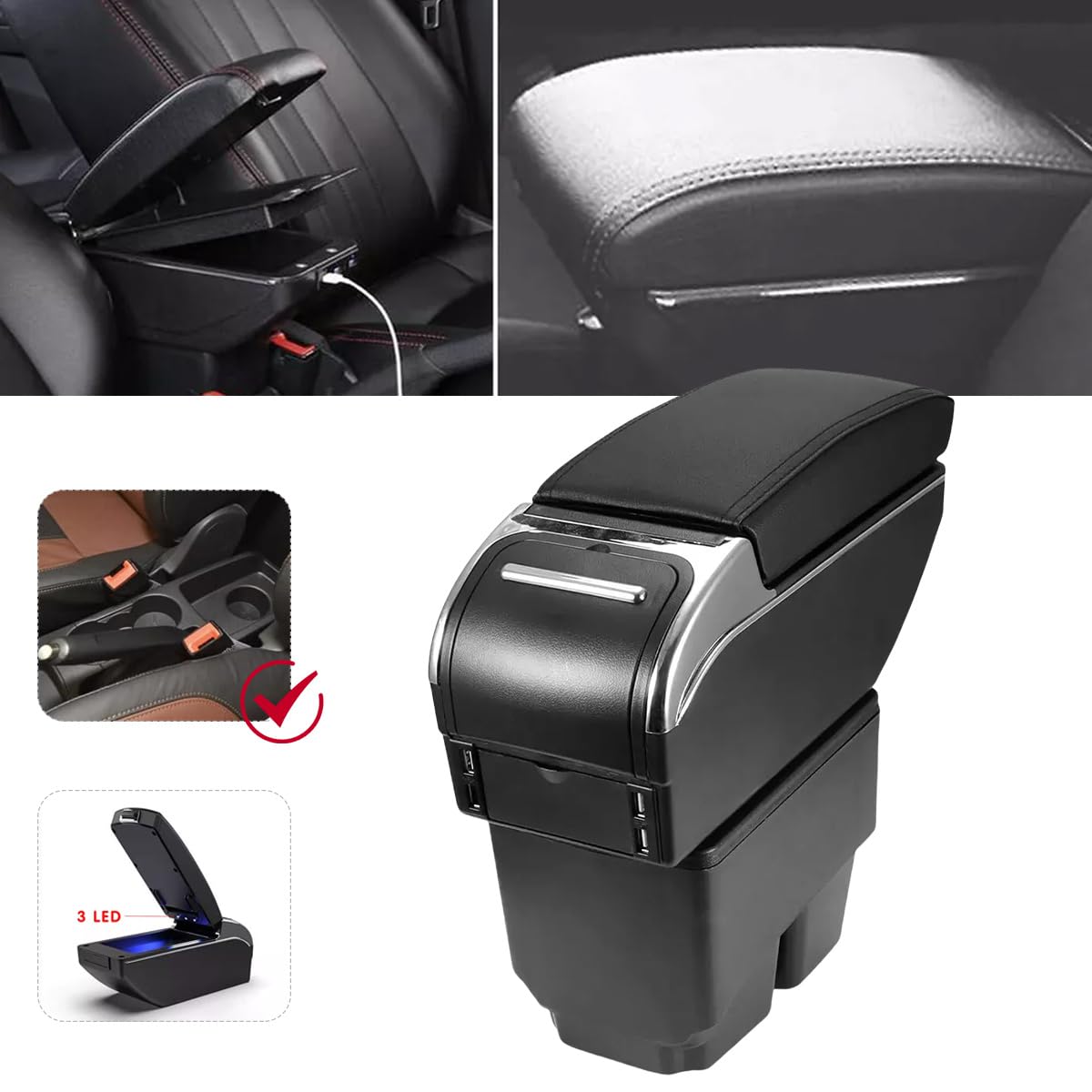 Armlehnenbox für Ford Fiesta MK7 2009-2017, Armlehne Mittelarmlehne mit 7 USB-Anschlüssen, Mittelkonsole zur Aufbewahrung und Armlehnenmodifikation