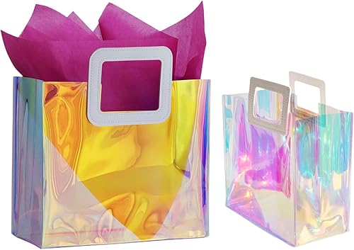 VUOJUR 1 bolsa de regalo holográfica S de 8.3 pulgadas y 1 M de 11 pulgadas con papel de seda, orquídea